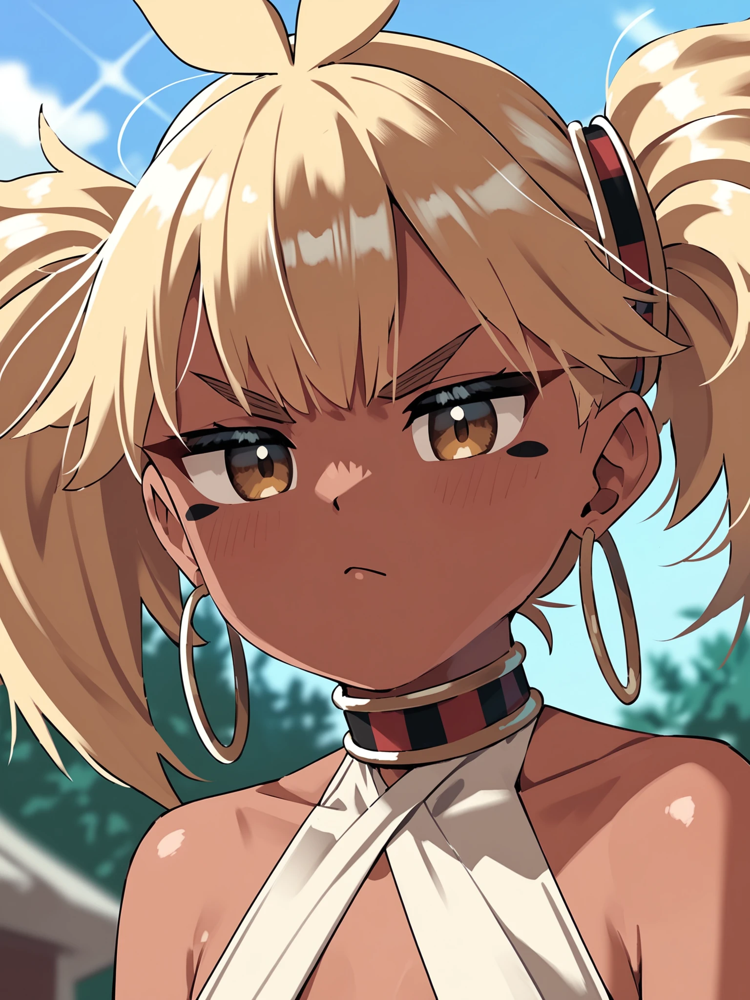 <lora:happy_tentacle-genpnepet-v0.8-000010:1>, ht_genpnepet, (facial mark:1.1), hair ornament, hoop earrings, choker, bracelet, (dark-skinned female, brown eyes, blonde hair:0.8) , annoyed, outdoors, day upper body, 1girl, solo focus, (looking away:1.1), , (depth of field:0.8), (from below:0.8), score_9, score_8_up, score_7_up, score_6_up, score_5_up, score_4_up