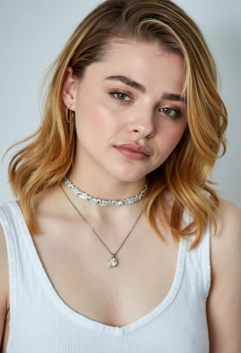 {    "T5": "The image is a high-quality photo of Chloe Grace Moretz, taken with a Canon EOS 5D Mark IV camera, using a 50mm lens, with an aperture of f/1.4 to create a shallow depth of field. The photo is shot in a studio setting with a white background, using rim lighting to accentuate her features. Chloe is wearing a diamond choker and has an innocent look on her face. Her head is turned to the left, with her eyes cast downward, giving a sense of vulnerability. The overall mood of the image is serene and elegant, with a focus on capturing Chloe's youthful beauty.",    "CLIP": "Chloe Grace Moretz, diamond choker, innocent, rim lighting, studio setting, white background, shallow depth of field, elegant, serene, youthful" }