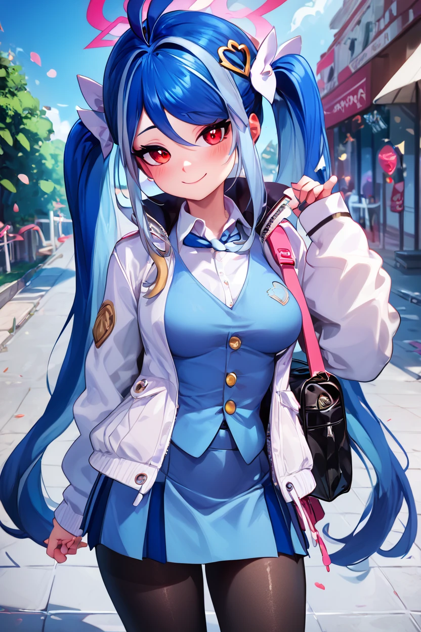 score_9, score_8_up, score_8, medium breasts, (curvy), cute, eyelashes, ,,, , zzFubuki, red eyes, blue hair, long hair, twintails, streaked hair, halo, hair bow, grey hair white jacket, blue vest, blue skirt, white shirt, black pantyhose, heart hair ornament, <lora:FubukiBluearchiveIXL:1.0>, BREAK, closed mouth, alternate costume, smile, looking at viewer, collared shirt, blush, sweater, black skirt, eyelashes, long sleeves, sleeves past wrists, plaid skirt, shoulder bag, black bag, blurry, tile floor, pleated skirt, white shirt, cowboy shot, ,,, embedding:zPDXL, Expressiveh, ,,, <lora:Vivid:0.7>, <lora:Uncensored_PonyXL_cpt_v02.09:0.4>, <lora:Expressive_H-000001:0.4>,