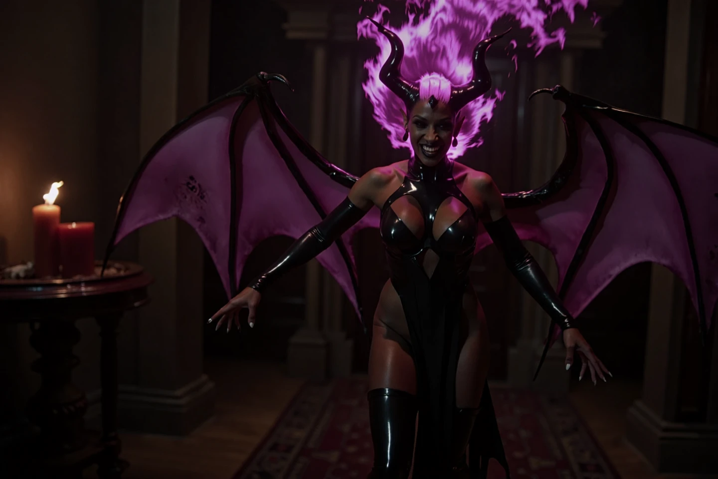 Cinematic still. Film scene from Denis Villeneuve. A full body portrait of gorgeous black Drolta as her flaming purple hair flares with intensity, casting an ominous glow. her fangs glinting in the dim candlelight of a shadowy chamber. Her bat-like wings stretch out behind her. analog photography aesthetic.