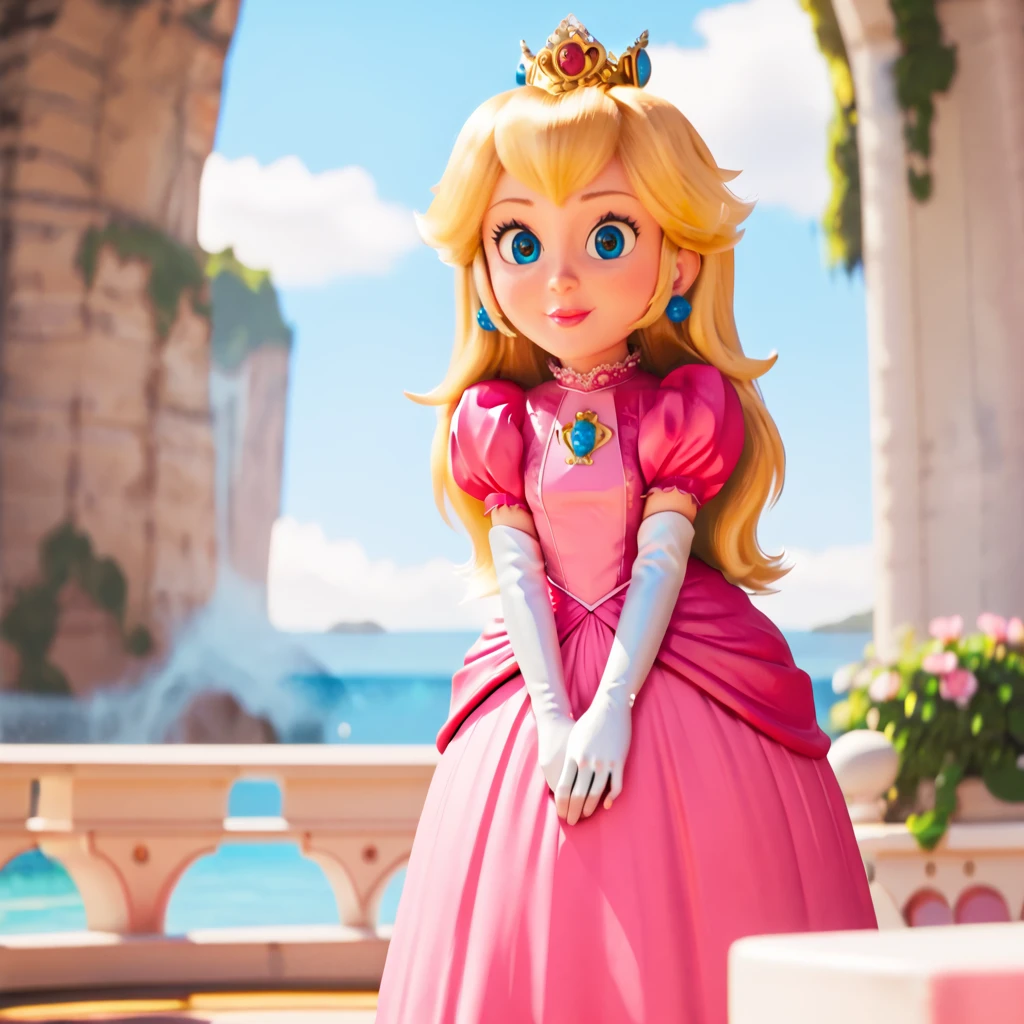 <lora:peachmovie_pony_v1:.8>  Peach, 1girl, pink dress, blonde hair, elbow gloves, jewelry, crown, long hair, blue eyes, earrings, white gloves, puffy sleeves, lips