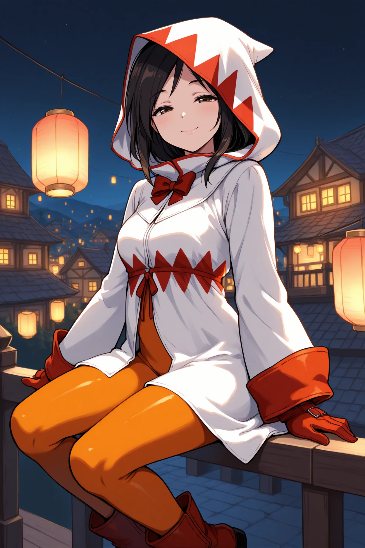 masterpiece, best quality, 1girl, solo, <lora:ffgarnet-illu-nvwls-v1_1-000007:1> ffixgarnet, black hair, brown eyes, white mage, white robes, red bow, hood up, orange pants, orange bodysuit, red gloves, brown boots, night sky, paper lanterns, village, balcony, looking at viewer, sitting on railing, smile, happy, half-closed eyes