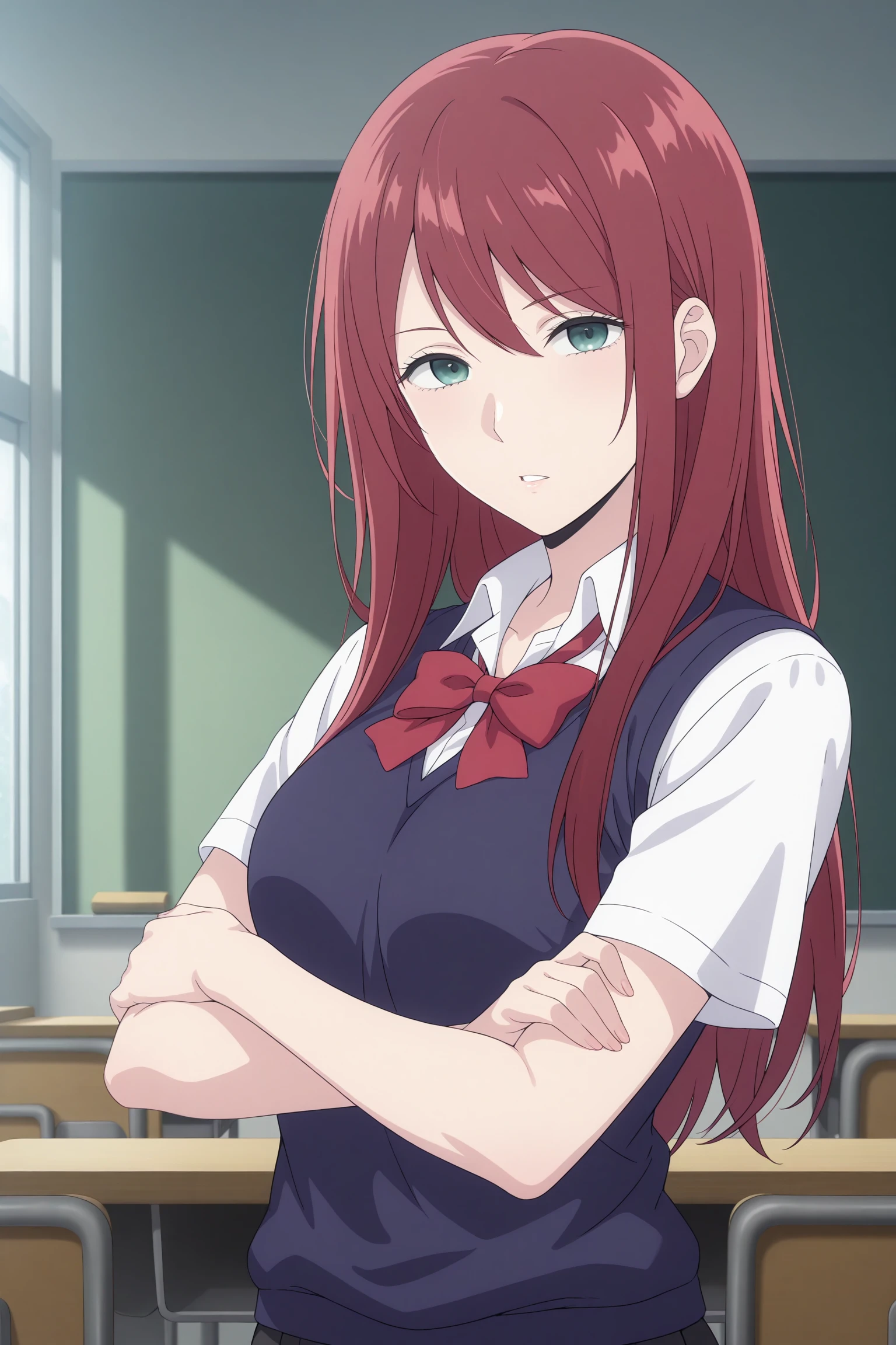 masterpiece, best quality, amazing quality, highres, absurdres, very aesthetic, high resolution, ultra detailed, perfect details, 1girl, looking at viewer, indoors, classroom, medium breasts, ebato sanae, long hair, red hair, swept bangs, green eyes, school uniform, short sleeves, white shirt, collared shirt, red bowtie, blue sweater vest, black skirt, pleated skirt, black kneehighs, loafers, <lora:Sanae_Ebato:0.8>, (aged up:1.2), (upper body:1.5), (pose:1.4), parted lips