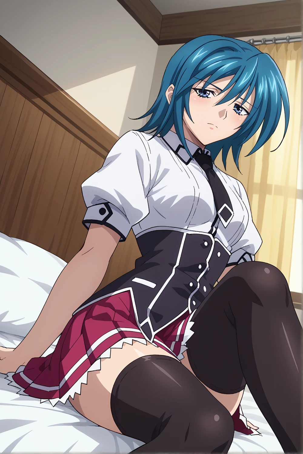 score_9, score_8_up, score_7_up, source anime, prefect lighting, very aesthetic, BREAK, anime screencap, anime coloring, tsubasa-dxd, 1girl, blue hair, short hair, blue eyes, deep navy blue eyes, shirt, skirt, school uniform, black, jacket, black thighhighs, black necktie, puffy sleeves, zettai ryouiki, dxd-uniform, indoors, bedroom, sitting on bed, from below, dutch angle