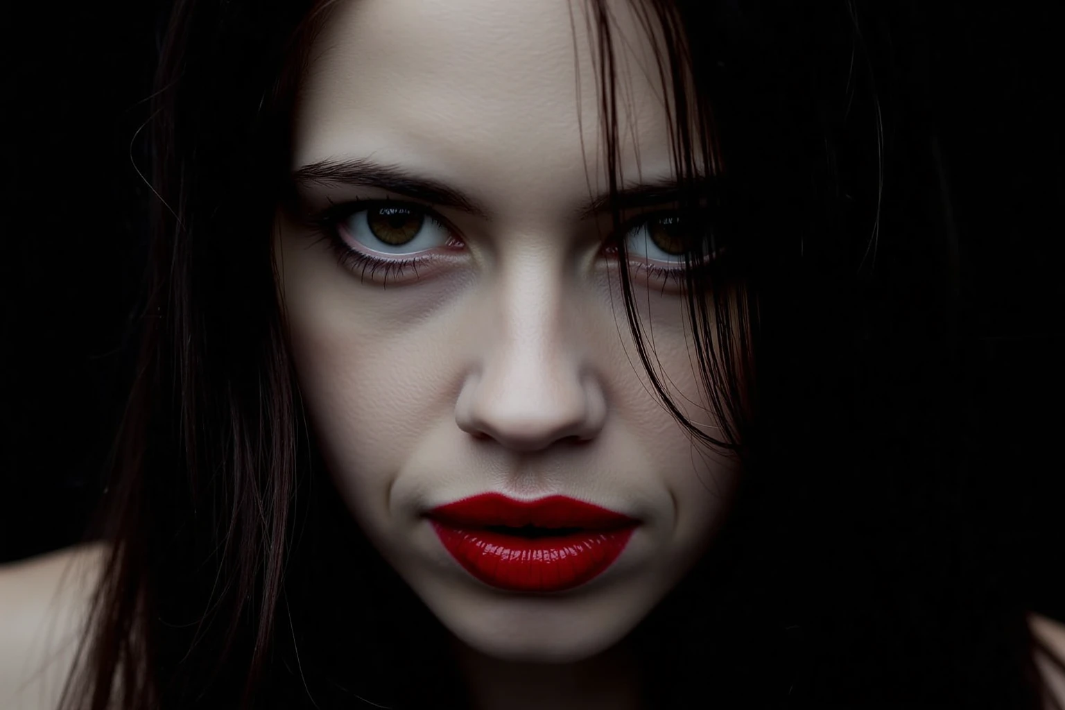 Close-up portrait of kalkikoechlinukohwx , with intense, expressive eyes and dark, flowing hair.  Her gaze is direct, almost piercing, with a hint of mystery and a subtle air of melancholy.  The woman possesses a pale complexion and wears vivid, scarlet red lipstick, which accentuates the intensity of her expression.  Her hair cascades around her face, almost obscuring her features, creating a sense of intrigue. The lighting is dramatic, focusing on her face and emphasized by the dark background.  The overall atmosphere is gothic, with a mood both alluring and slightly ominous.  The style is suggestive of dark romanticism, with heightened emotionality and a sense of artistic drama.  The composition is intimate, emphasizing the subject's facial features through a close-up perspective and the contrast between the vibrant colors of the lips and the overall dark tones of the image.  The textures are smooth and detailed, conveying a sense of realism, while the emphasis on contrast in shades creates a powerful visual effect.
