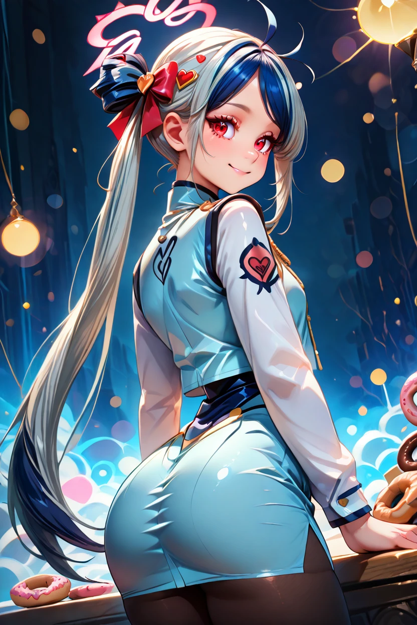 masterpiece, best quality, solo, curvy, beautiful eyes,zzFubuki, red eyes, blue hair, long hair, twintails, streaked hair, halo, hair bow, grey hair white jacket, blue vest, blue skirt, white shirt, black pantyhose, doughnut, heart hair ornament, <lora:FubukiBluearchiveIXL:1.0>side view, ass, leaning forward, cowboy shot, smile, looking at viewer, shiny skin,<lora:RealisticAnimeIXL_v2:1.0>, shiny skin, bokeh, luminescent background,