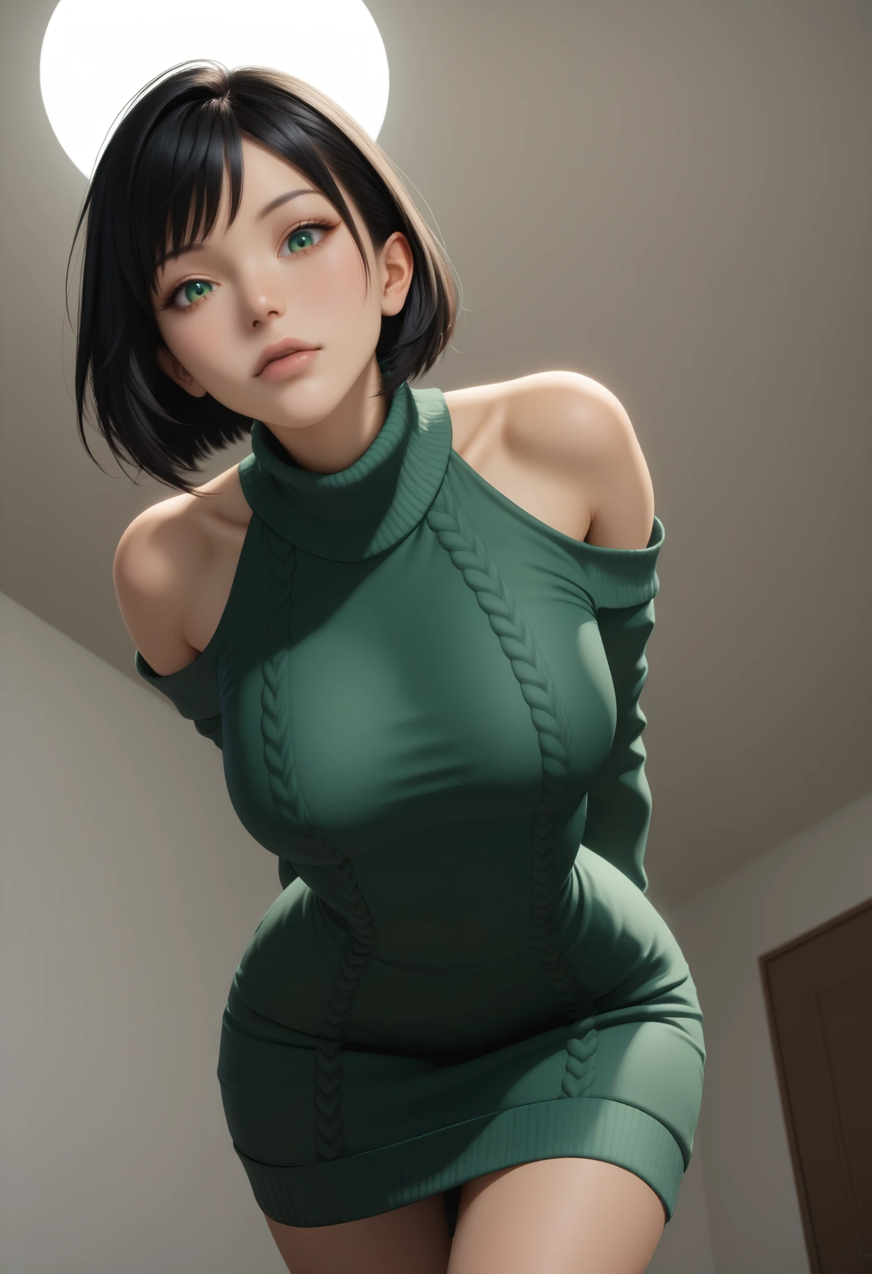 ((masterpiece, best quality, absurdres)),
1girl, solo, sexy sweater dress, green dress, long sleeves, bare shoulders, hands behind back, leaning forward, looking at viewer, from below,
 <lora:Dark_Jade_Illust_v1:0.8> d4rkj4d3, black hair, green eyes,