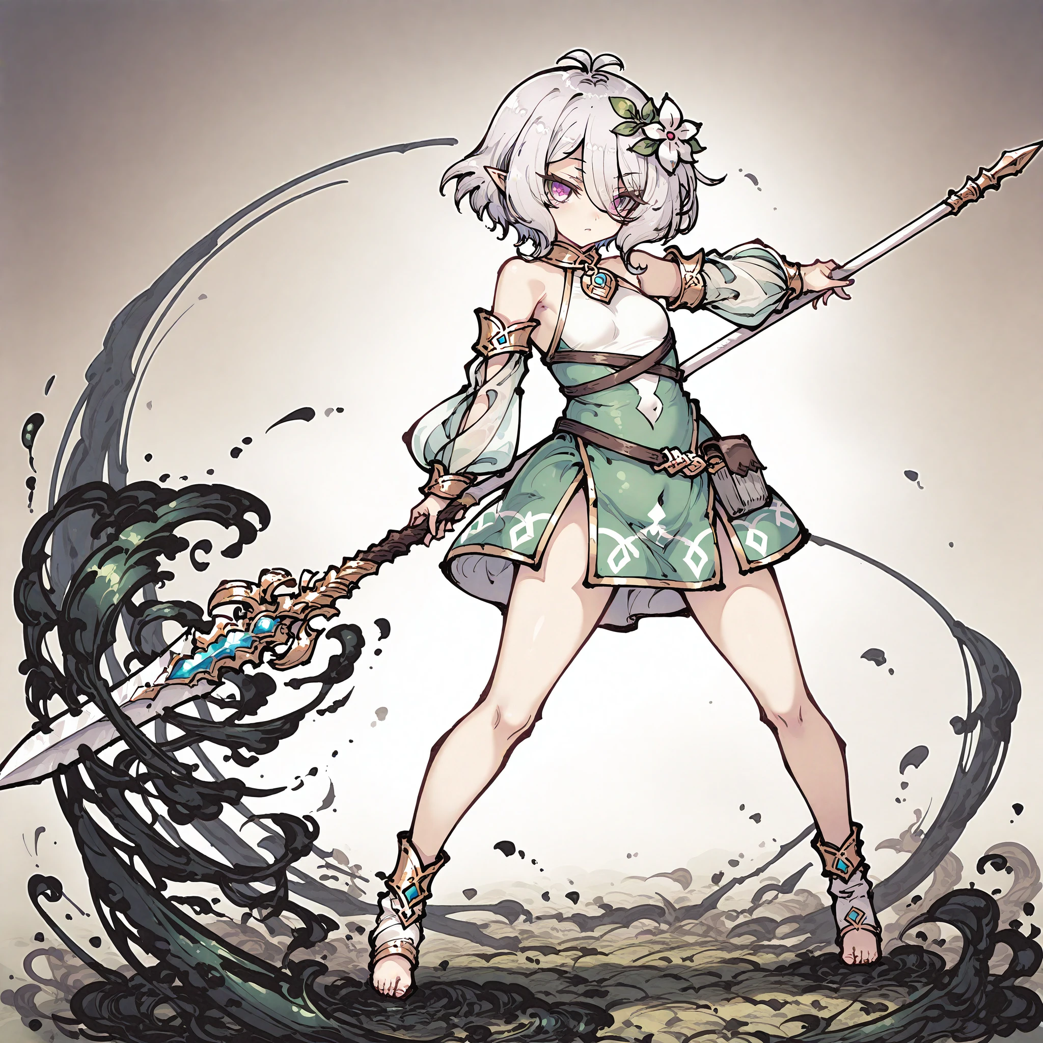 1girl,female focus,solo,kokkoro \(princess connect!\),short hair,hair between eyes,hair flower,antenna hair,white hair,pink eyes,white flower,full body,fighting stance,holding weapon,polearm,masterpiece,best quality,newest,absurdres,highres,tokiame,ink,<lora:Tokiame_Style_Illustrious_V1:1>,<lora:deal360acv illustrious 006:0.4>,<lora:nyalia:0.15>,<lora:dj_sloppa_ill_v2:0.4>,<lora:ponyv4_noob1_2_adamW:1>,