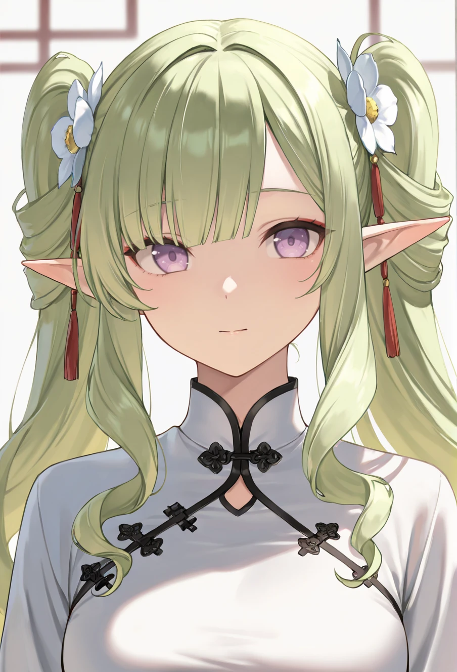 masterpiece, best quality, newest, absurdres, highres, 1girl, solo,
medium breasts,
(pale green hair:1.1), light purple eyes, wavy curls, straight bangs, cirle curls, asymmetrical bangs, pointy ears, elf, 
egasumi, flower, portrait, hair flower, hair ornament,  chinese clothes, white flower, 
 <lora:MeigetsuMikuTwintalsIllustriousV1:1> meigetsu twintails