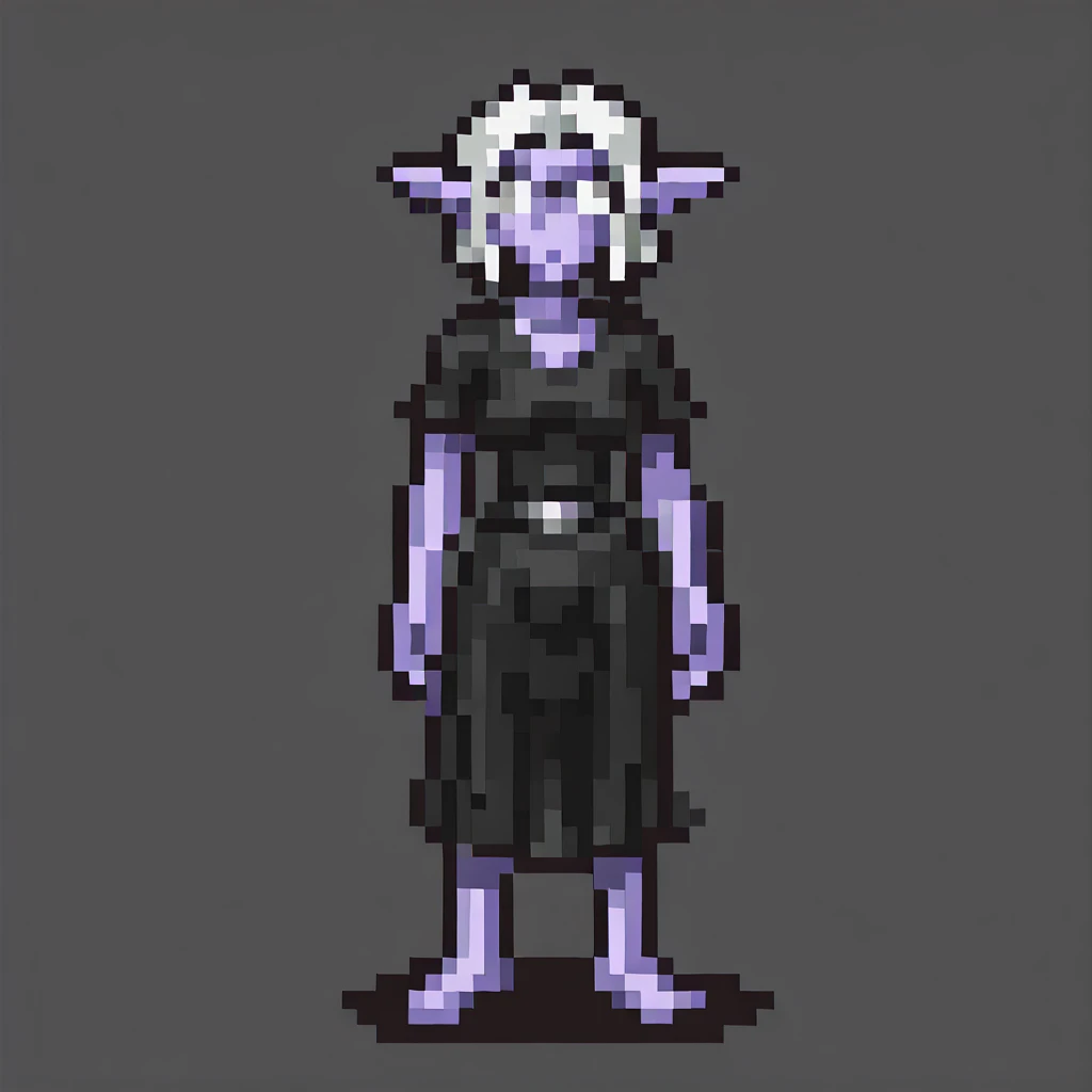 <lora:Illustrious - SNES Earthbound Enemies - 1994 - Epoch 8:1> earthbound_enemy, neutral grey background, pixelart, grey background, full body, solo, drop shadow,   <lora:Beebe - PDXL - V2:1> wow_beebe, female, night_elf, long_pointy_ears, short hair, white hair, white eyes, white glowing eyes, pale_purple_skin, breasts, black shirt, black skirt,