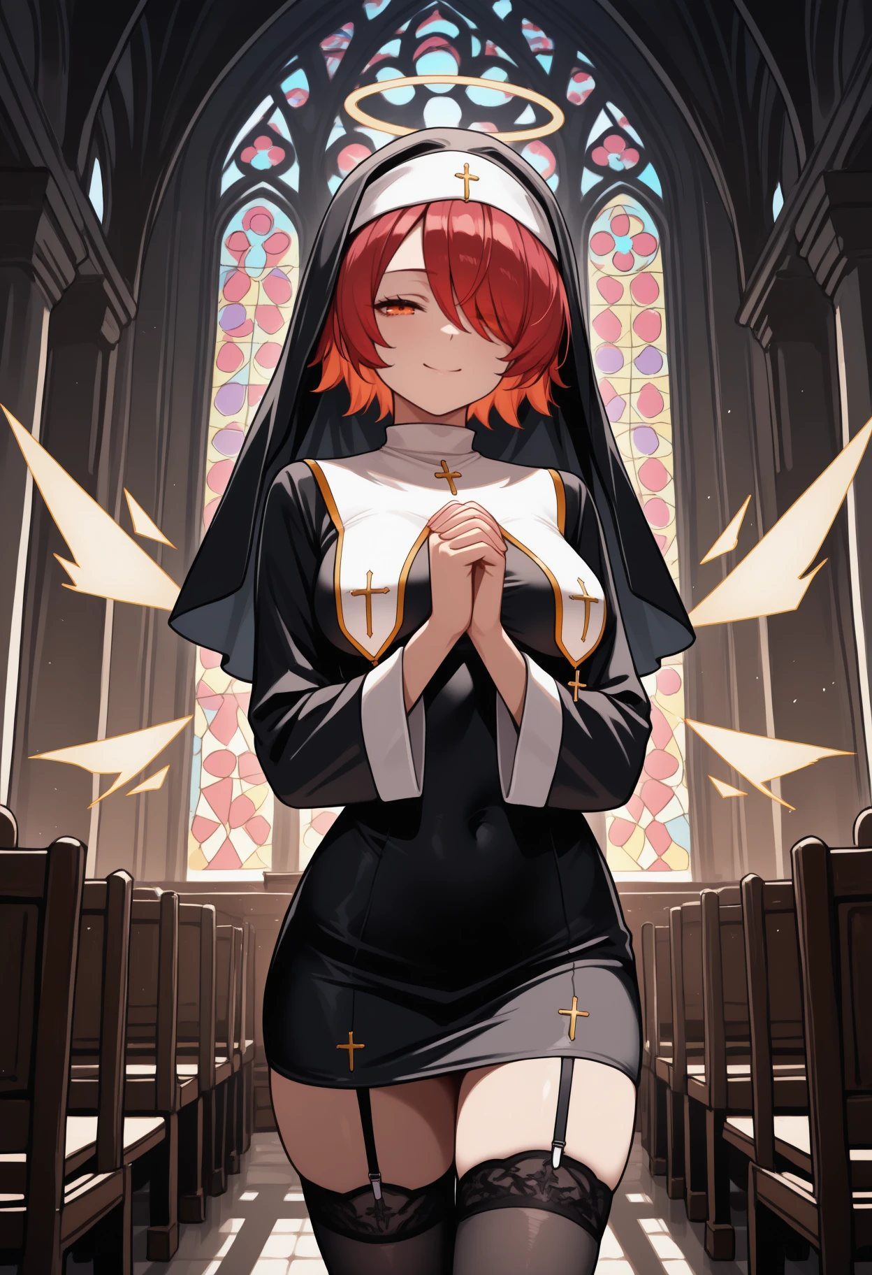 masterpiece, best quality, solo, 1girl, exidef, detached wings, energy wings, smile, looking at viewer, standing, praying, own hands together, short hair, red hair, hair over one eye, halo, orange eyes, half-closed eyes, nun, short dress, black dress, breast curtains, wide sleeves, black thighhighs, garter straps, medium breasts, indoors, church, stained glass
<segment:yolo-Anzhc Face seg 640 v2 y8n.pt,0.4,0.5//cid=1>