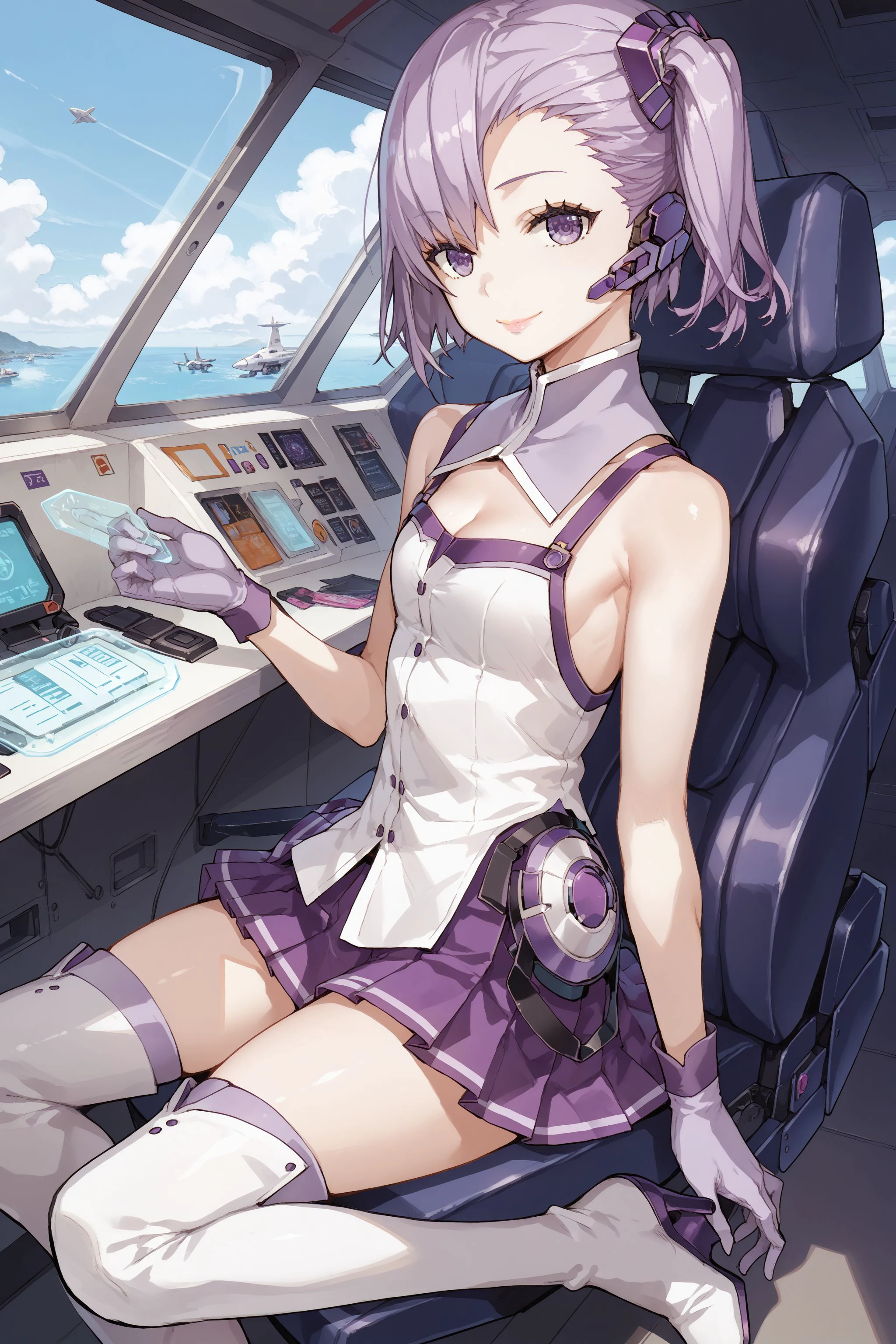 (T Masterpiece，4k wallpaper，best quality))、((girl１people))、(solo)、Shining and vivid，(purple hair)、(shortcut:1.3)、smile、uniform、ruined city
