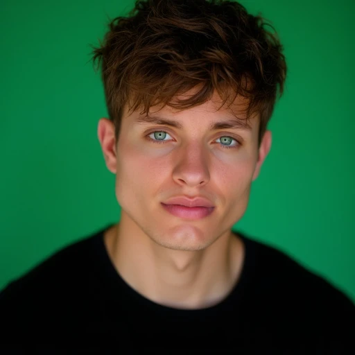 Matt_rife close-up, tousled brunette hair, black T-shirt, portrait view, blue eyes, green gradient background