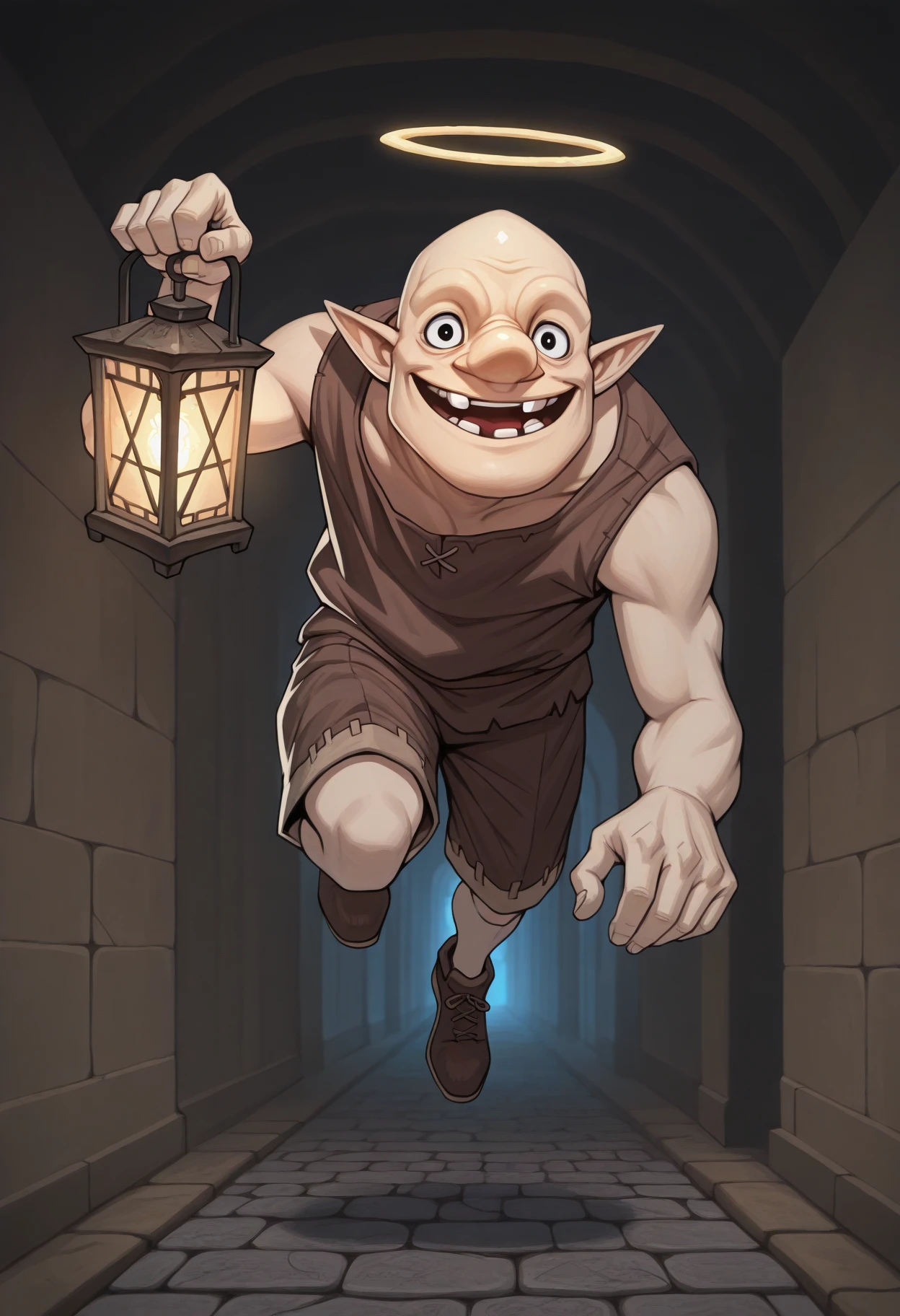 masterpiece, best quality, high quality, 1boy, open mouth, smile, halo, floating, midair, holding lantern, glowing, looking at viewer, hand up, <lora:DampeLoZ-illu-000013:1> dampe, bald, big nose, pointy ears, black eyes, teeth, brown shirt, sleeveless shirt, brown shorts, shoes, brown footwear, cobblestone, hallway