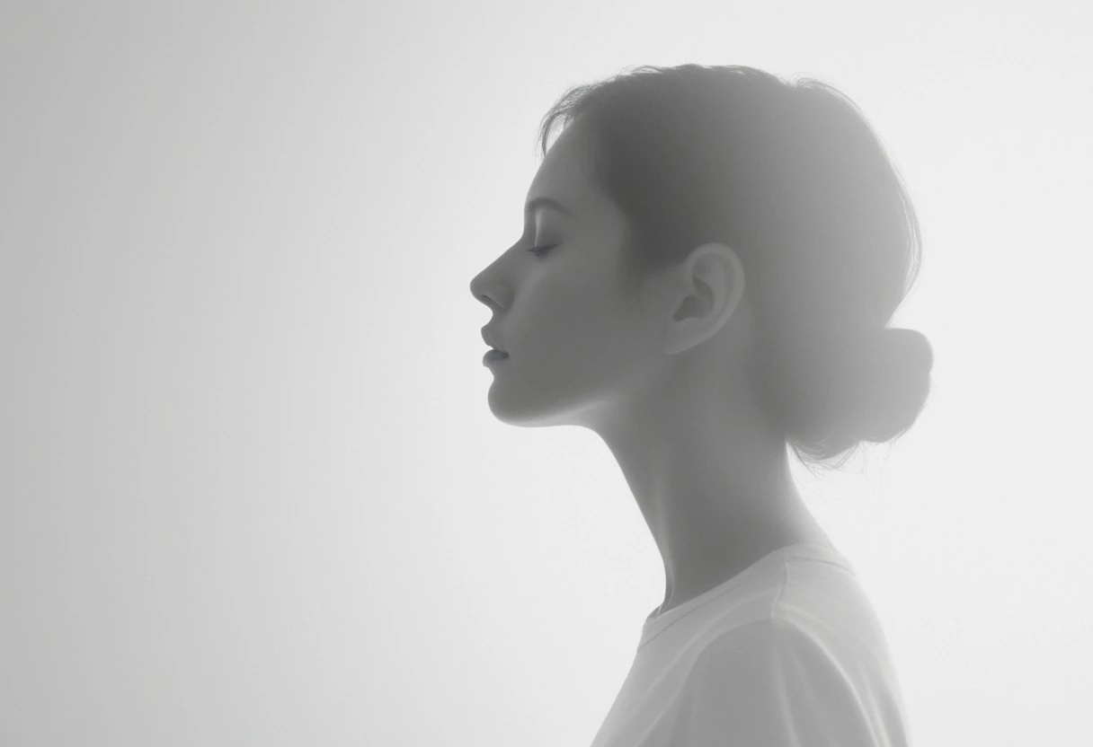 an aesthetic, minimalist depiction of a female profile in side view. she wears a t-shirt. The focus is on the soft contours and calm, monochromatic tones. The scene feels mystical and dreamy, almost as if viewed through a delicate mist, with gentle light accentuating the silhouette. The background is diffuse and creamy white, drawing attention to the elegant simplicity of the figure.