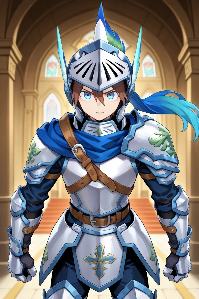 <lora:DurantIL:0.8> , durdef, 1boy, brown hair, short hair, hair between eyes, blue eyes, helmet, blue plume, multicolored plume, visor \(armor\), armor, blue scarf, shoulder belt, single pauldron, shoulder armor, gauntlets, greaves, serious expression, cowboy shot, temple, church, ominous, straight-on, , solo, masterpiece, best quality, amazing quality, very aesthetic, high resolution,