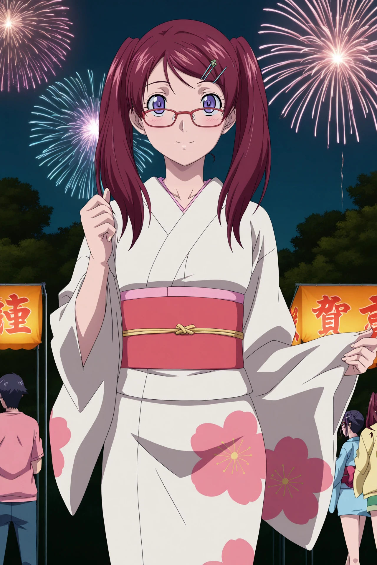 (high quality、high resolution、Masterpiece:1.4),nanjou arisa,red eyes,glasses,short hair,light brown hair,huge breasts,mature female,(shrine、night scene,yukata,firework:1.2),satou shouji