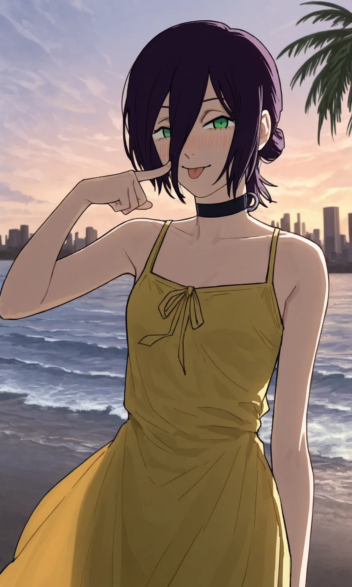 reze \(chainsaw man\), rezeanime, chainsaw man, 1girl, green eyes, medium hair, hair between eyes, single hair bun, choker, narrowed eyes, blush, tongue out, nose blush, bare shoulders, yellow sundress, summer, (cheek poke:1.1), hand up, beach, palm tree, ocean, wind, waves, city, cowboy shot, (masterpiece, best quality, very awa, recent:1.0)