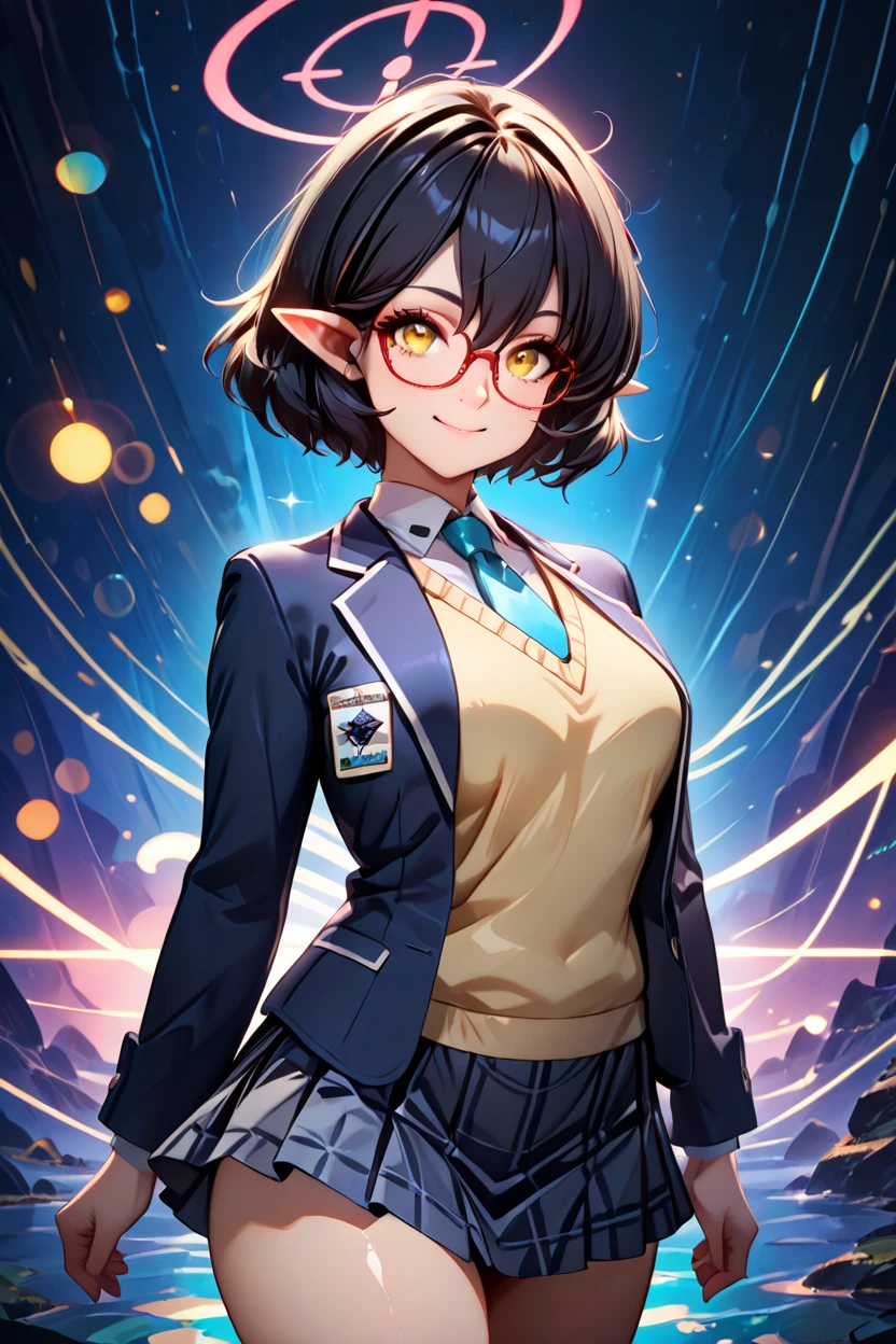 masterpiece, best quality, solo, curvy, beautiful eyes,zzAyane, yellow eyes, black hair, short hair, glasses, halo school uniform, blue necktie, white shirt, blazer, sweater vest, skirt,   <lora:AyaneBluearchiveIXL:1.0>, dynamic pose, cowboy shot, smile, looking at viewer, shiny skin,<lora:RealisticAnimeIXL_v2:1.0>, shiny skin, bokeh, luminescent background,