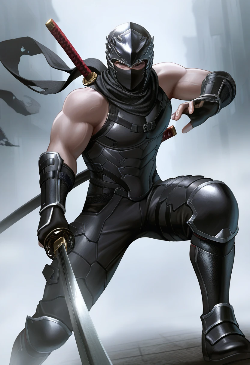 masterpiece, best quality, newest, absurdres, highres, <lora:RyuIllustDOA:0.9>, HYBSRYNG, helmet, mouth mask, black scarf, black clothes, armor, sleeveless, arm guards, fingerless gloves, black boots, sheathed, fog, katana, dynamic pose, looking at viewer,holding weapon, 1boy, solo,
