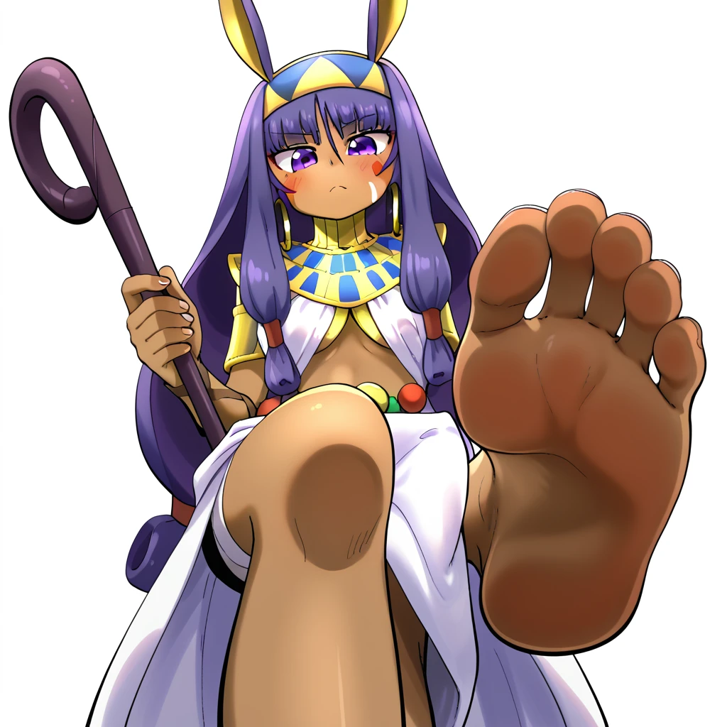 nitocris (fate), 1girl, :<, ancient egyptian clothes, animal ears, barefoot, blush, cosplay, dark-skinned female, dark skin, earrings, feet, female focus, crossed legs, flustered, foot focus, from below, hoop earrings, jackal ears, jewelry, long hair, looking at viewer, looking down, low-tied long hair, purple eyes, purple hair, short hair, simple background, soles, solo, staff, standing, standing on one leg, foreshortening, close up, toes, usekh collar, very short hair, white background <lora:Test2760YN:1>