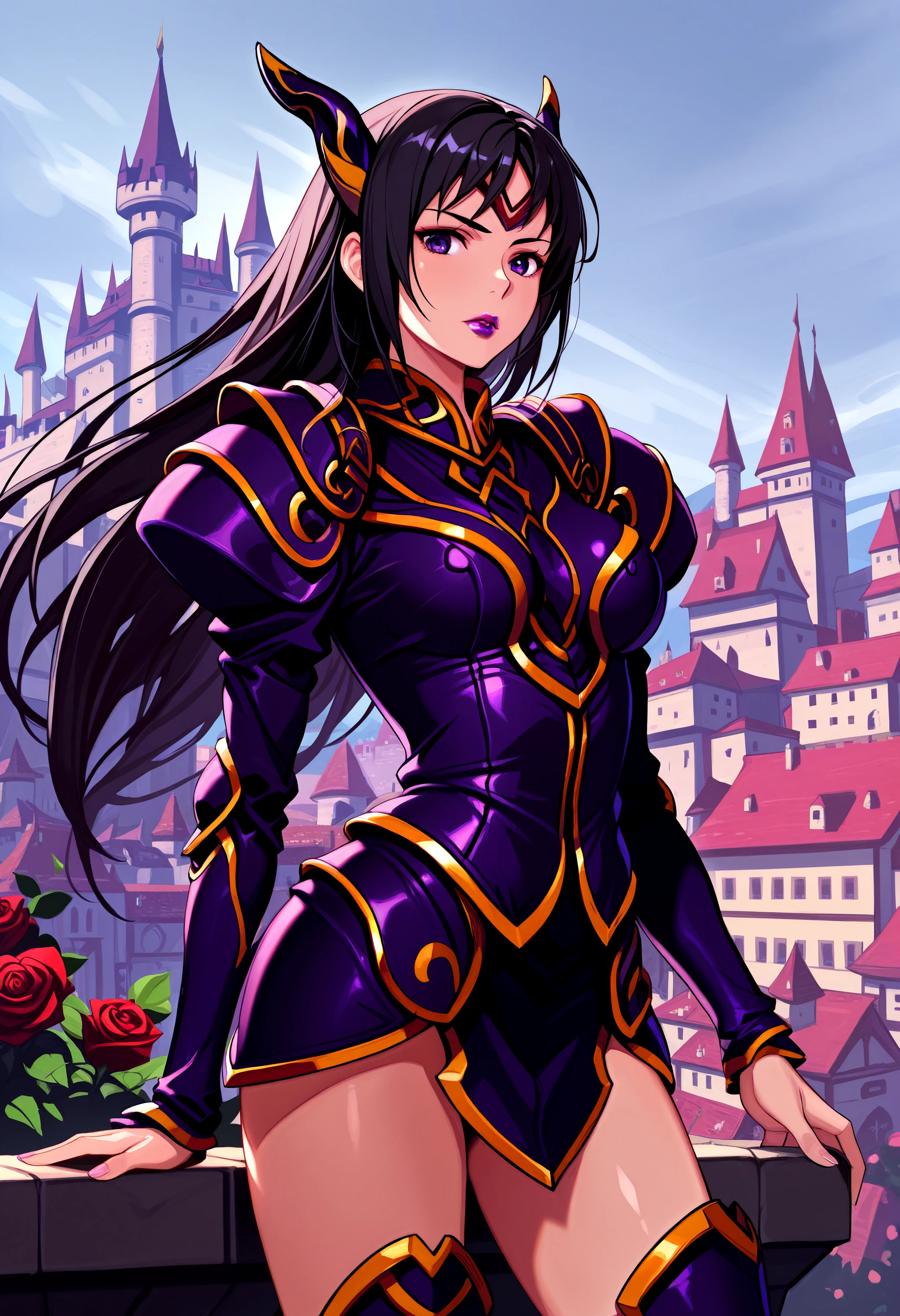 score_9, score_8_up, score_7_up, 8k, masterpiece,  <lora:Rose_The_Legend_of_Dragoon-000003>, Rose_(Dragoon), 1girl, solo, purple armor, black hair, lipstick, purple eyes, horns, long hair, town, standing,  castle,