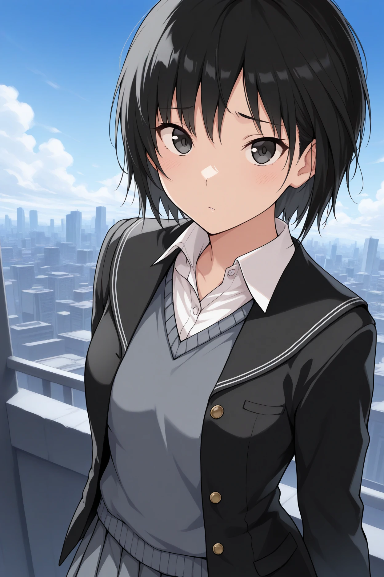 masterpiece, best quality, 1girl, solo,  <lora:nanasakiai-illu-nvwls-v1-000005:1> amagamiai, black hair, short hair, black eyes, black blazer, black sailor collar, collared shirt, grey sweater vest, grey miniskirt, pleated skirt, raised eyebrows, upper body, looking at viewer, blue sky, cityscape, clouds