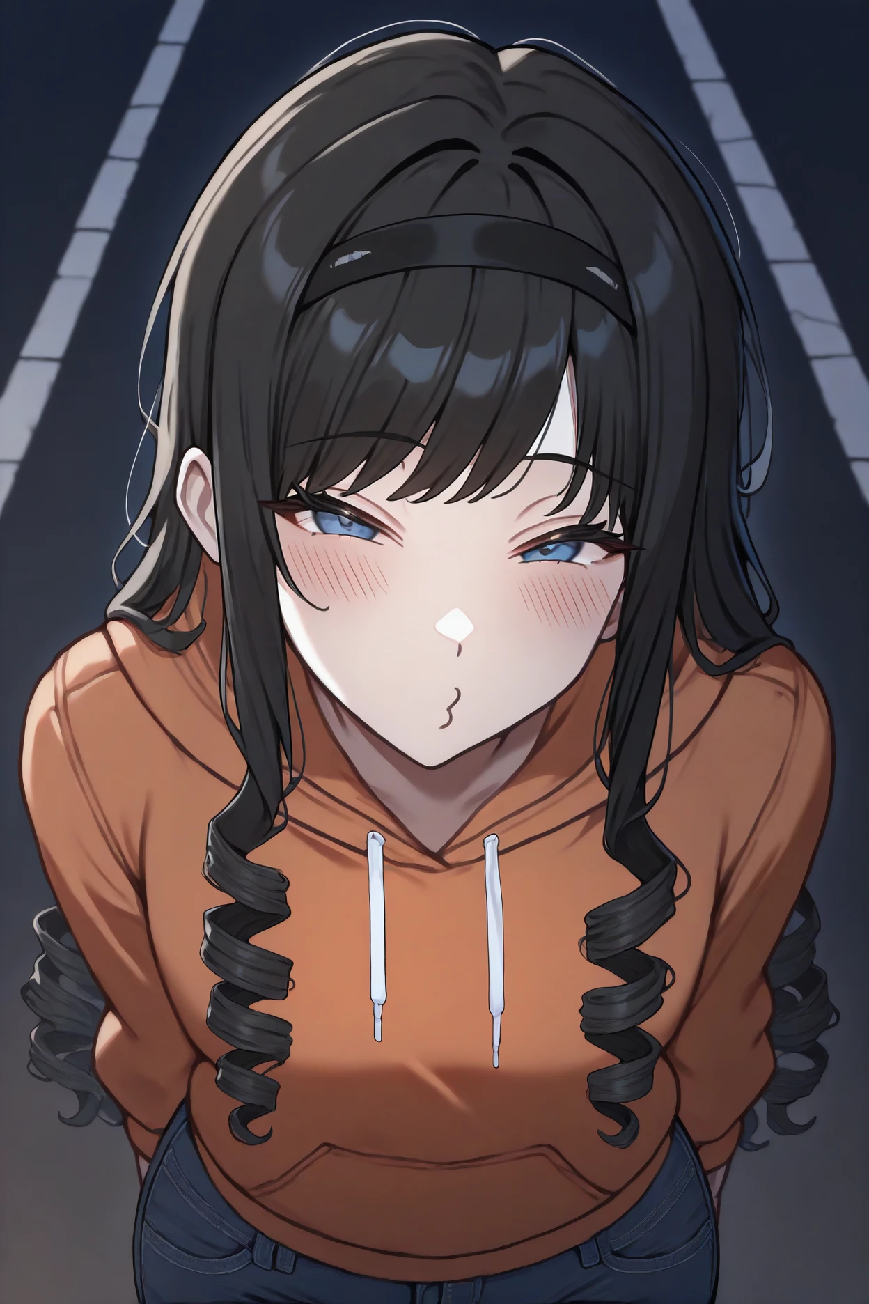 masterpiece, best quality, newest, absurdres, highres, 1girl, solo, <lora:morishimaharuka-illu-nvwls-v1-000005:1> amaMH, black hair, drill hair, long hair, blue eyes, black hairband, orange hoodie, jeans, blush, half-closed eyes, looking at viewer, o3o, night, street, upper body, arms at sides, leaning forward, from above