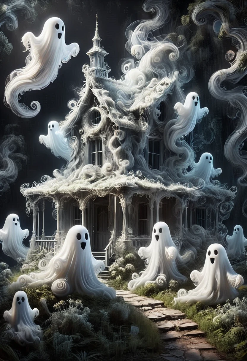 SW1RLYGH0ST, A house made of ghosts, set in the forest, masterpiece, best quality