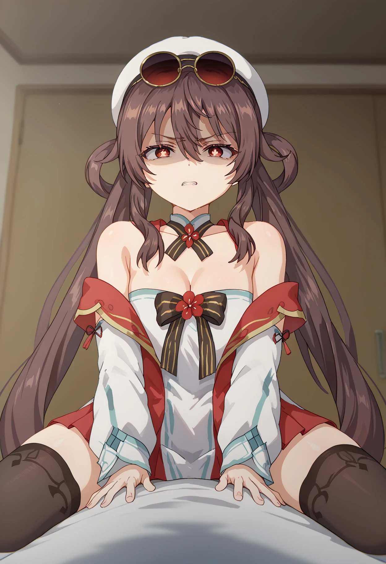 score_9, score_8_up, score_7_up, source_anime,
BREAK
1girl, solo,
<lora:shiHuTaoCherryV1:1>,
shihucherry, alternate costume, official alternate costume,
long hair, very long hair,
brown hair, red eyes, twintails, flower-shaped pupils, hair between eyes,
sunglasses, eyewear on head, tinted eyewear,
white headwear, white hat, white shirt, bare shoulders, off shoulder, detached sleeves,
white dress, red skirt, black thighhighs,
<lora:shiDisgustFaceV1:1>, shidisgustface, disgust, shaded face, clenched teeth, thigh gap, zettai ryouiki, <lora:shiyukiposeV1:0.8>, shiyukidef, cleavage, collarbone, penis, sex, riding, looking away, facing away,