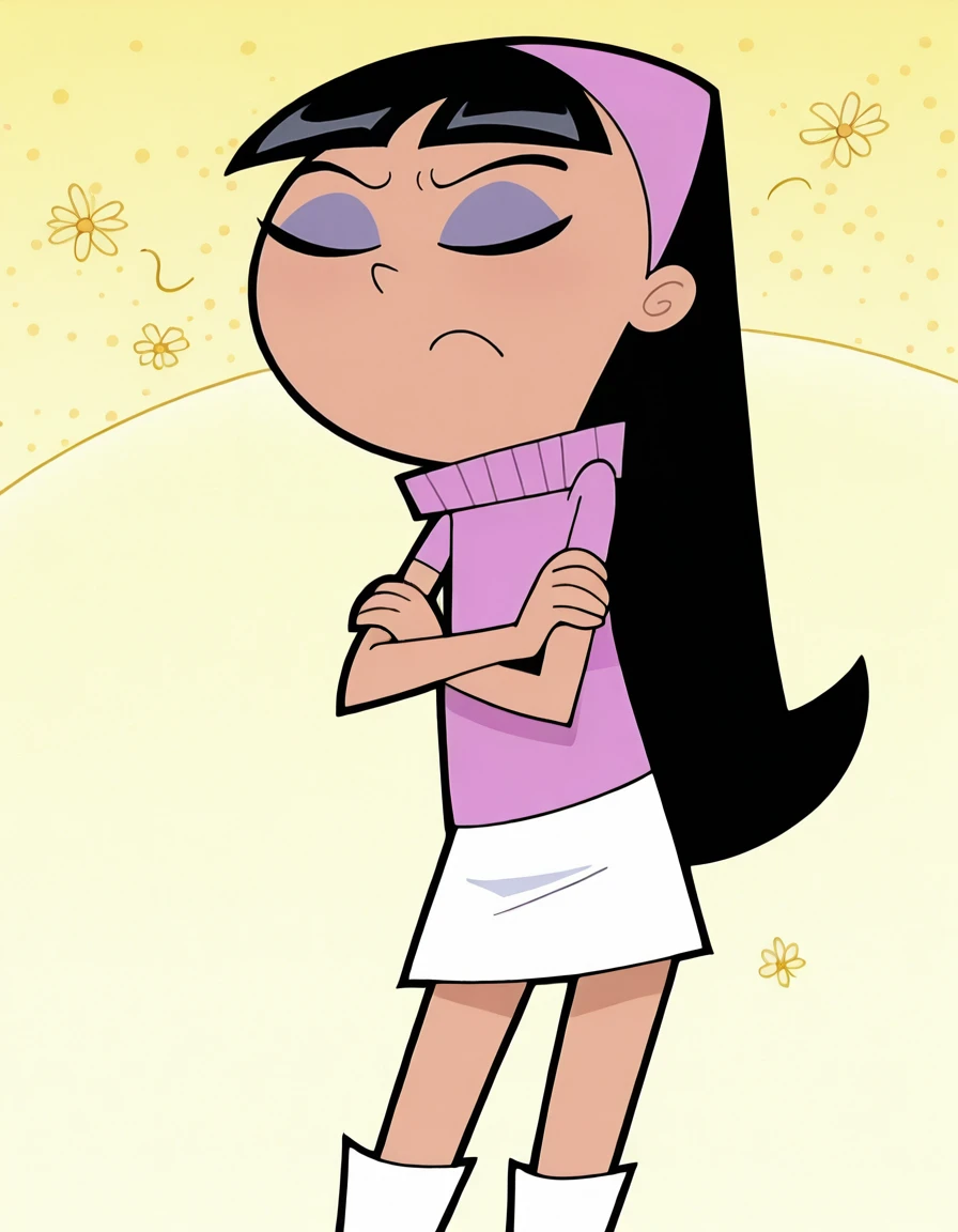 <lora:TrixieTangIllustrious1.0JLFO:1> trixie, black hair, 1girl, solo, pink turtleneck sweater, long hair, pink hairband, bangs, eyeshadow, makeup, white skirt, very long hair, white boots, looking at viewer cowboy shot,frown, closed eyes, crossed arms,