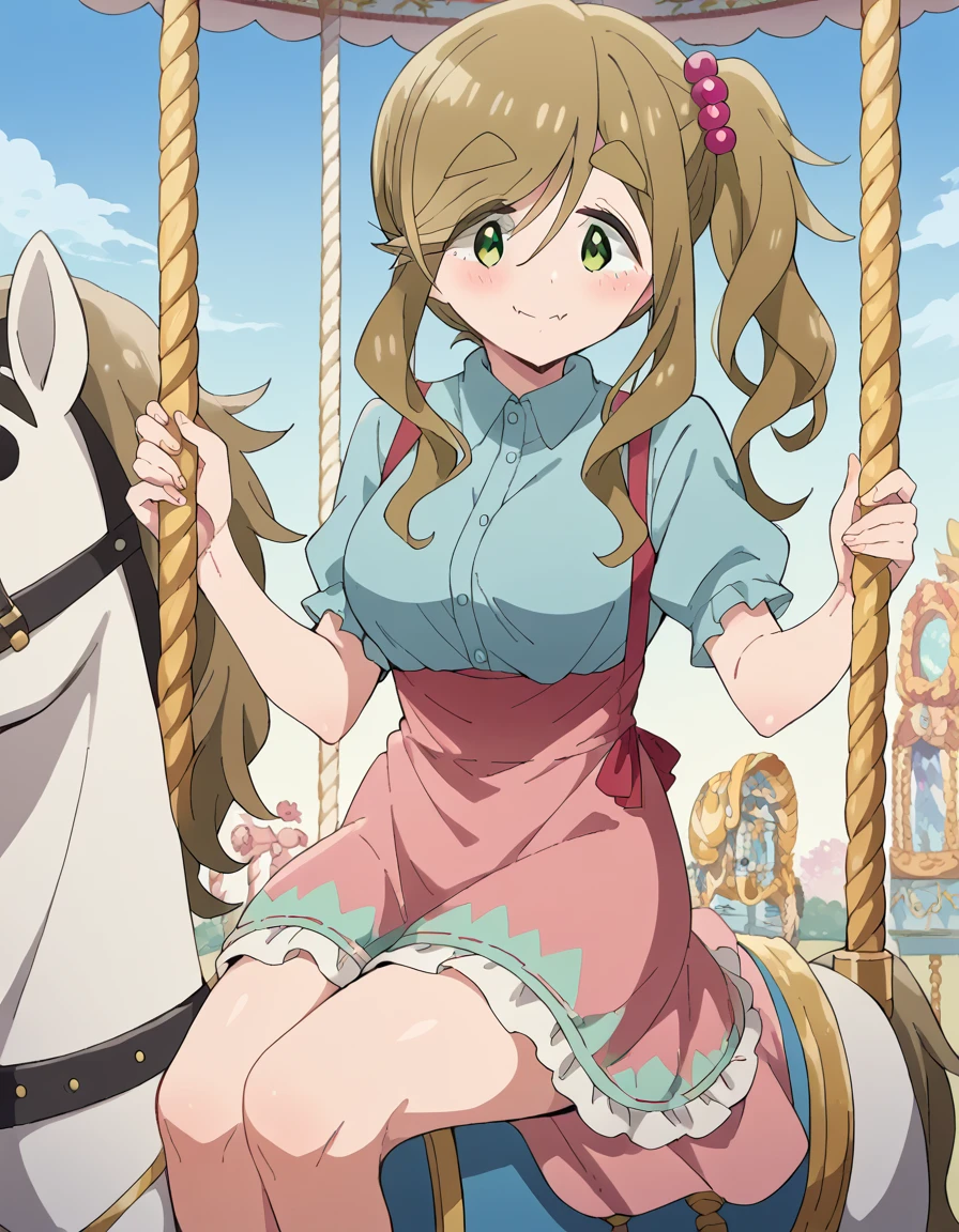 score_9, score_8_up, score_7_up, source_anime, <lora:aoi-inuyama-s3-ponyxl-lora-nochekaiser:1>, aoi inuyama, long hair, brown hair, hair ornament, green eyes, fang, side ponytail, hair bobbles, skin fang, thick eyebrows, large breasts,, <lora:carousel-ponyxl-lora-nochekaiser:1>, carousel, sitting, riding,, blush, smile, casual dress, solo,,