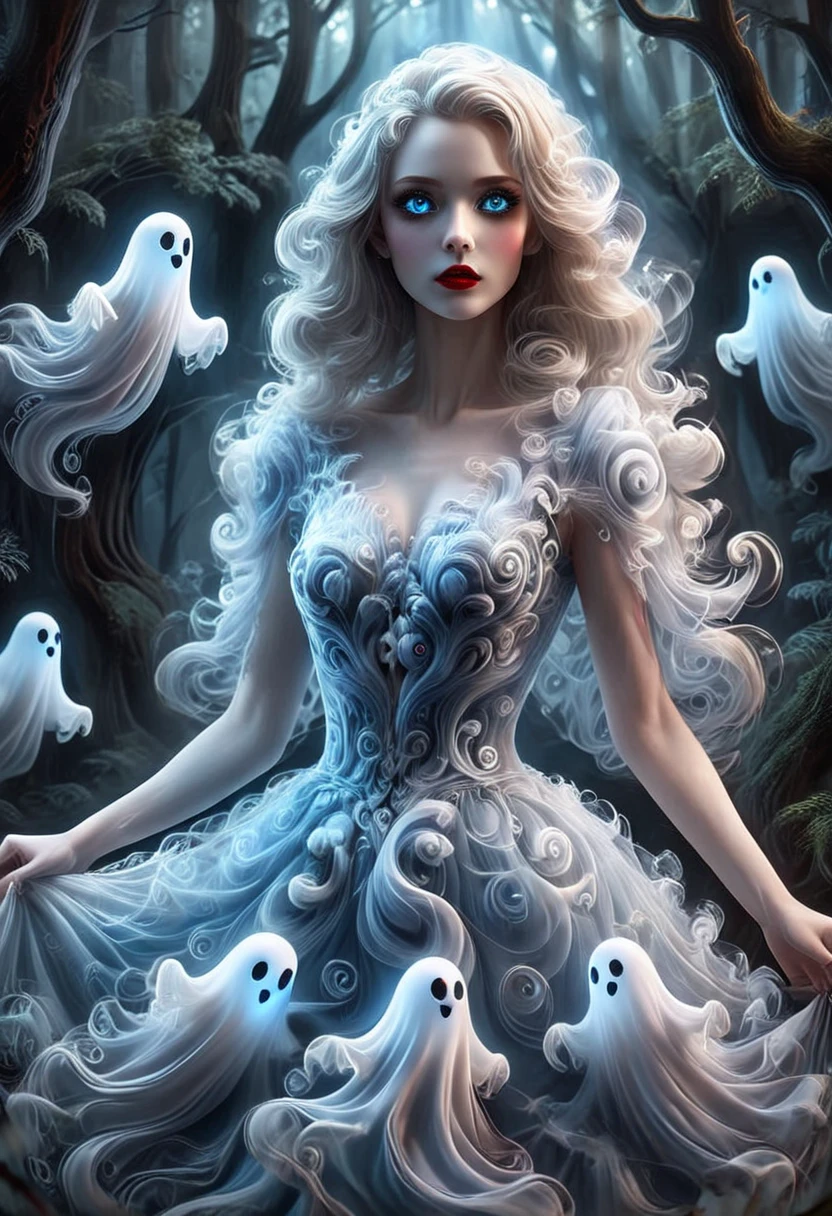 SW1RLYGH0ST, A woman wearing a dress made of ghosts, glowing blue eyes, detailed eyes, red lipstick, set in the forest, masterpiece, best quality