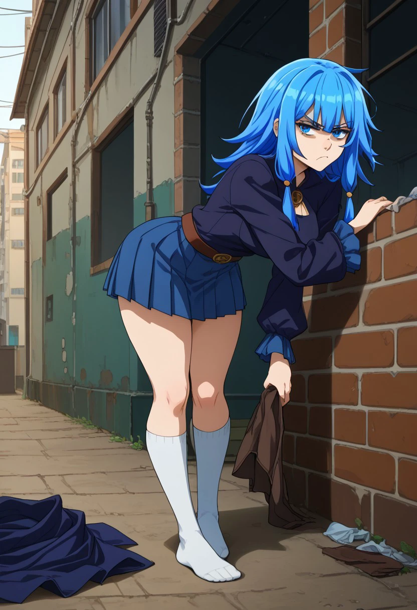 charlotte_wraith, blue eyes, blue hair, rags, no hat, no shoes,medium breasts, thick waist, nice thighs, scowl, leaning over, alleyway, csr style, mammoth_metal_style
absurdres, high quality, score_7_and_up