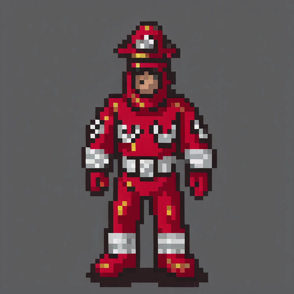 <lora:Illustrious - SNES Earthbound Enemies - 1994 - Epoch 8:1> earthbound_enemy, neutral grey background, pixelart, grey background, solo, drop shadow, human, 1boy, firefighter, firefighting suit, fireman hat