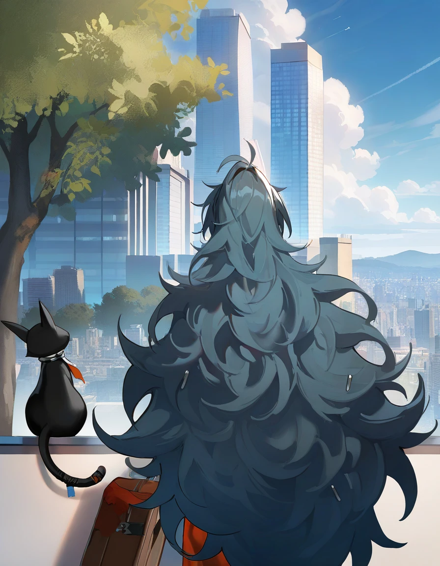 xytx-cihui,1girl,solo,long hair,cat,sky,cloud,black cat,outdoors,city,cityscape,building,day,very long hair,from behind,messy hair,blue sky,suitcase,animal,tree,skyscraper,
<lora:cihui_noob2:1>,masterpiece,best quality,very aesthetic,absurdres,