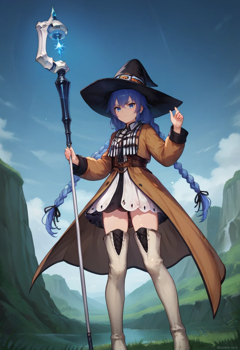 score_9, score_8_up, score_7_up, 1girl, solo, looking at viewer, <lora:add-detail-xl:3>,
BREAK , <lora:BD2:0.7>, bd2, roxy, blue hair, long hair, braid, twin braids, blue eyes,
witch hat, brown coat, white skirt, thigh boots, serious, outdoors, staff, holding staff,