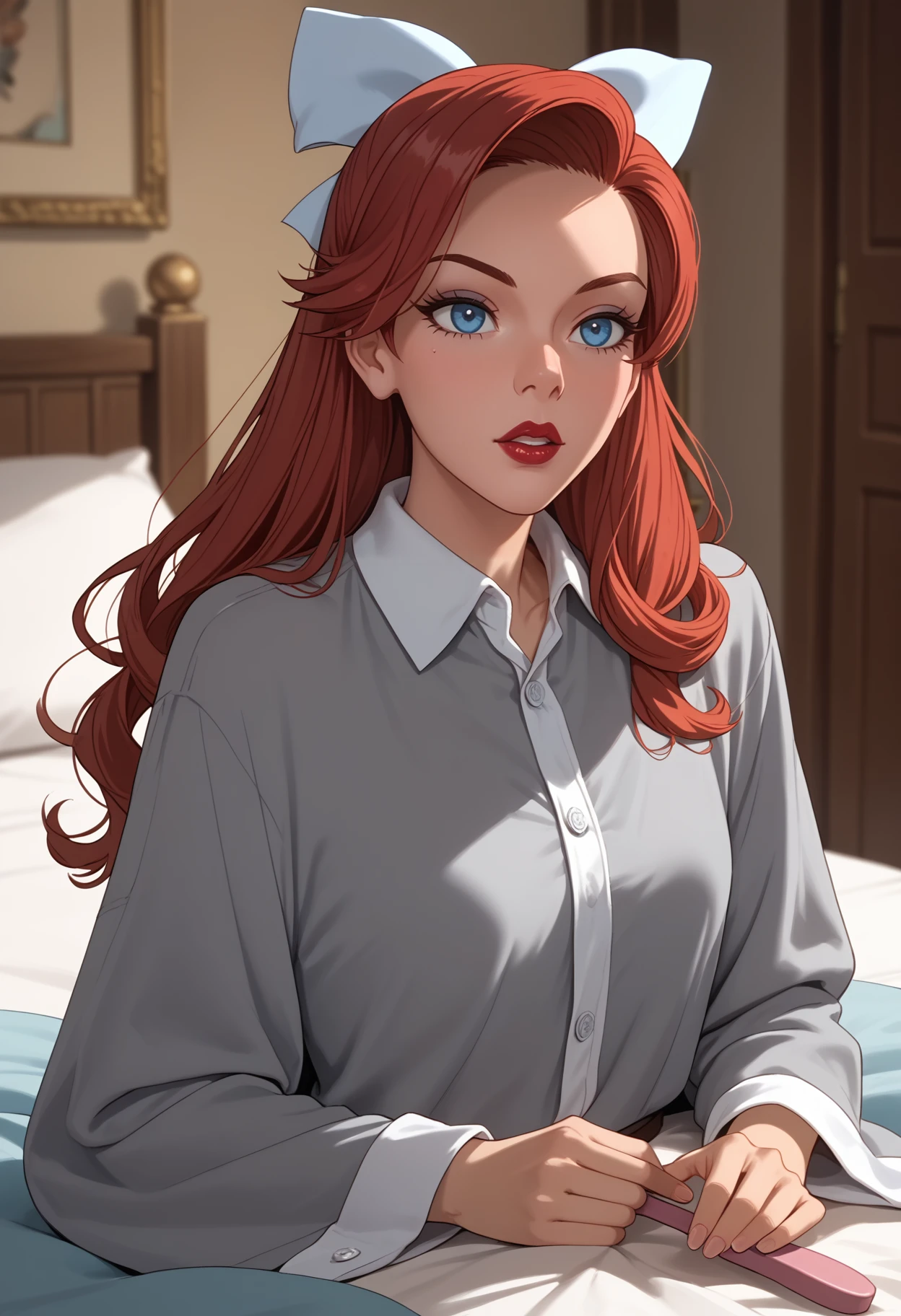 score_9, score_8_up, score_7_up, score_6_up, score_5_up, <lora:NM_anastasia:1>, BREAK NM_anastasia, 1girl, brushing hair, long hair, solo, bow, hair bow, red lips, shirt, sitting, long sleeves, indoors, blue eyes, holding, collared shirt, blanket, white bow, hair brush, grey shirt, makeup, lipstick, red hair