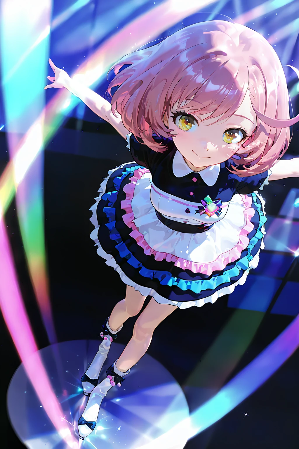 masterpiece, best quality ,very aesthetic, absurdres, ayase naru, newest, <lora:ayase naru:1>, ayase naru, ice skating boots, beautiful, white shiny dress, beautiful, ultra detailed, atmospheric, from above, on stage, shiny, hope, dramatic angle, malerisch,ephemeral, yellow eyes, cute, , pink hair, dancing, passionate, rainbow, colorful, kawaii,darkness, blurred foreground, watercolor, short hair, detailed beautiful eyes, detailed beautiful hair, smile, full body, ballet pose, <lora:spo_sdxl_10ep_4k-data_lora_webui:1>, face focus,