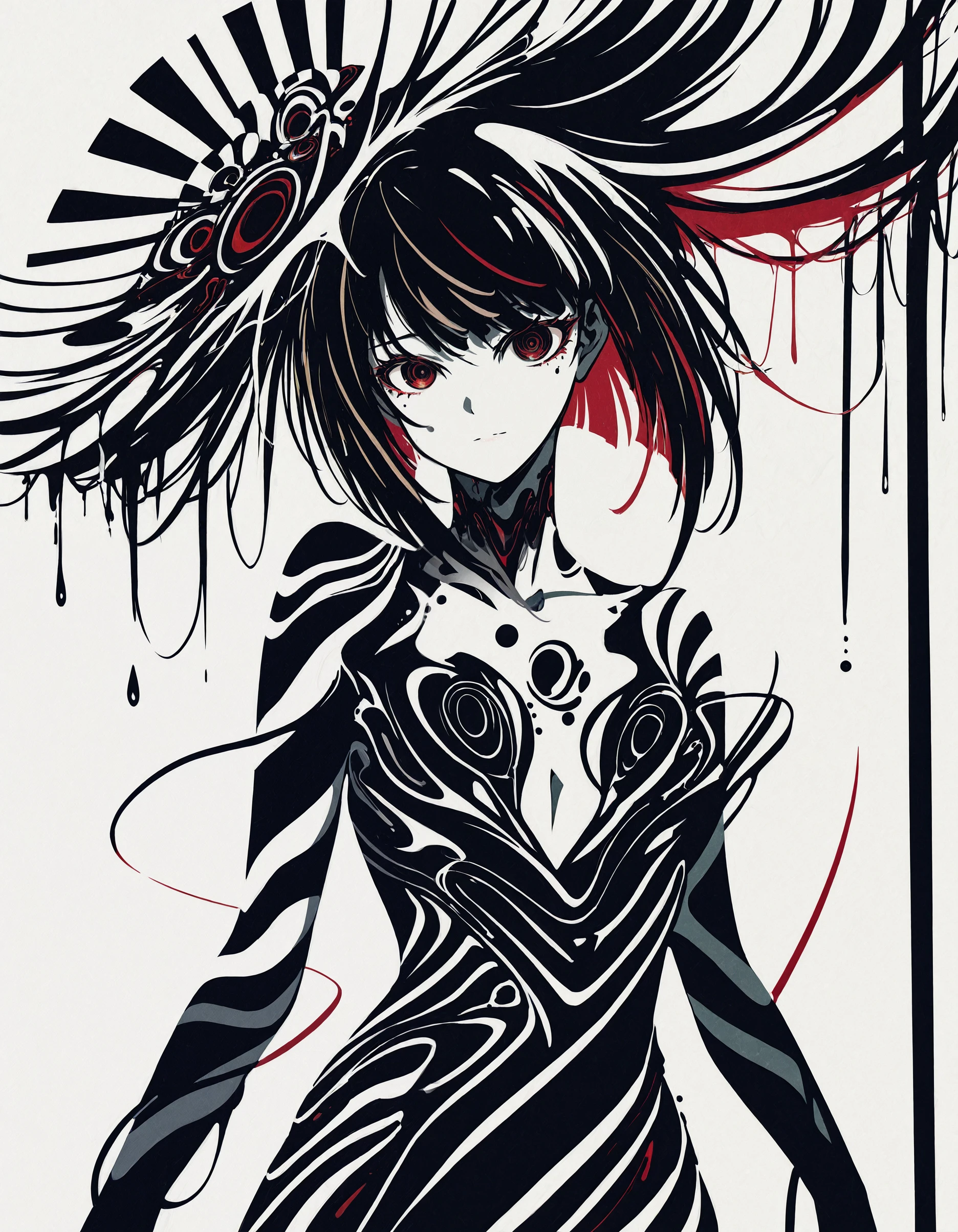 best_quality,masterpiece, <lora:berryverrine_2:1>,b3rr1_illu, abstract, minimalism,Abstract anime character, flowing black hair, teal highlights, red eyes, monochromatic palette, white background, dripping ink effect, stylized curves, geometric shapes, dark shadows, high contrast, ethereal atmosphere, surreal composition, minimalist design, vector-like elements, intricate linework, Japanese manga influence, melancholic mood, digital art, cyberpunk aesthetics