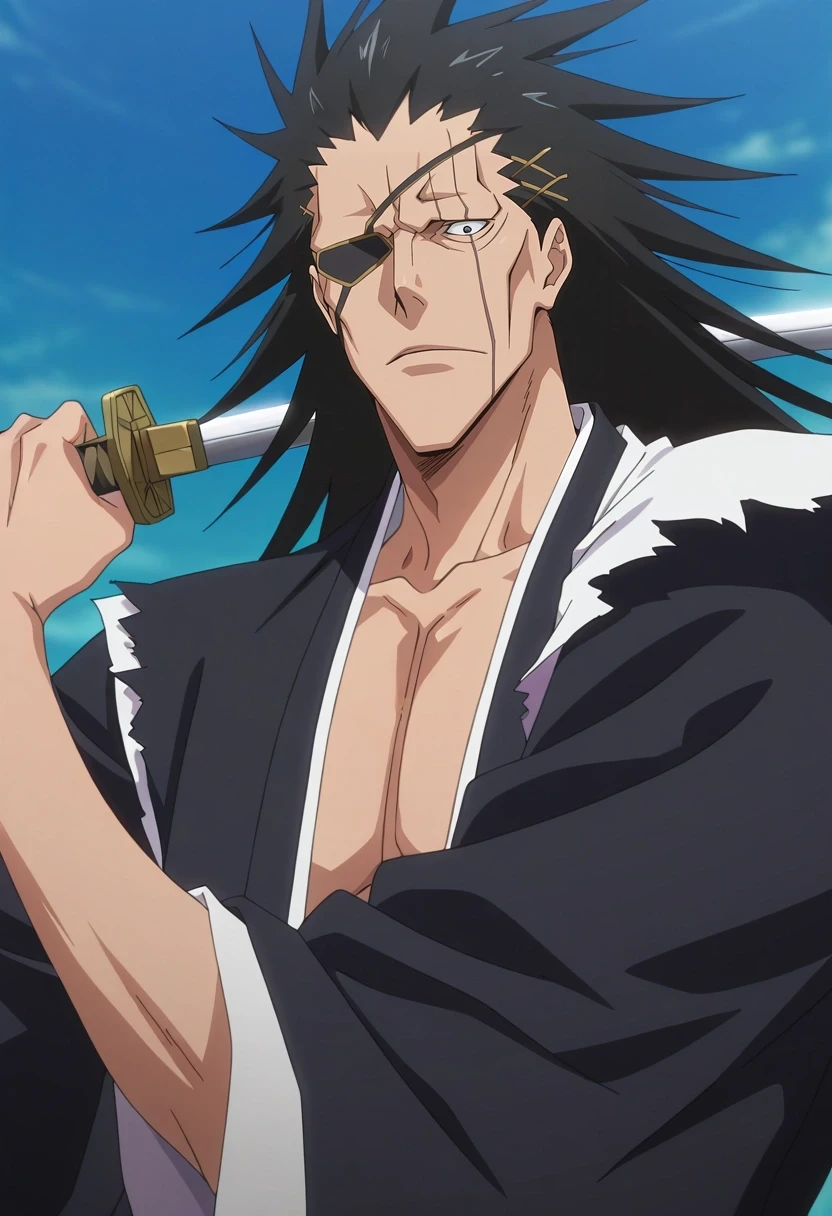 masterpiece, best quality, intricate details, anime screencap, , , looking at viewer, , 1boy, solo, male focus, <lora:kenpachi_zaraki_ilxl:0.9>, kenpachi_zaraki, black hair, black eyes, long hair, , eyepatch, sword, , ,