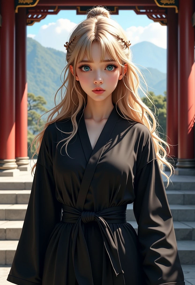 This is a highly detailed, digital illustration in a realistic fantasy style, depicting a young woman (Early twenties) of northern european origin, with a pleading and worried expression. She has long, wavy blonde hair styled in a loose manner, with bangs framing her face. Her skin is a fair, porcelain complexion, and her eyes are a striking, vivid blue, conveying deep emotion. Her eyes are a captivating with long, expressive eyelashes and a hint of a mischievous sparkle. She has a petite, slender build and a small nose. Her lips are full and slightly parted, giving a soft, enigmatic expression. She wears a black training attire, in a traditional Chinese or Japanese style, made of a traditional fabric. The girl is walking up the stairs to an ancient chinese temple. Masterpiece, 32k