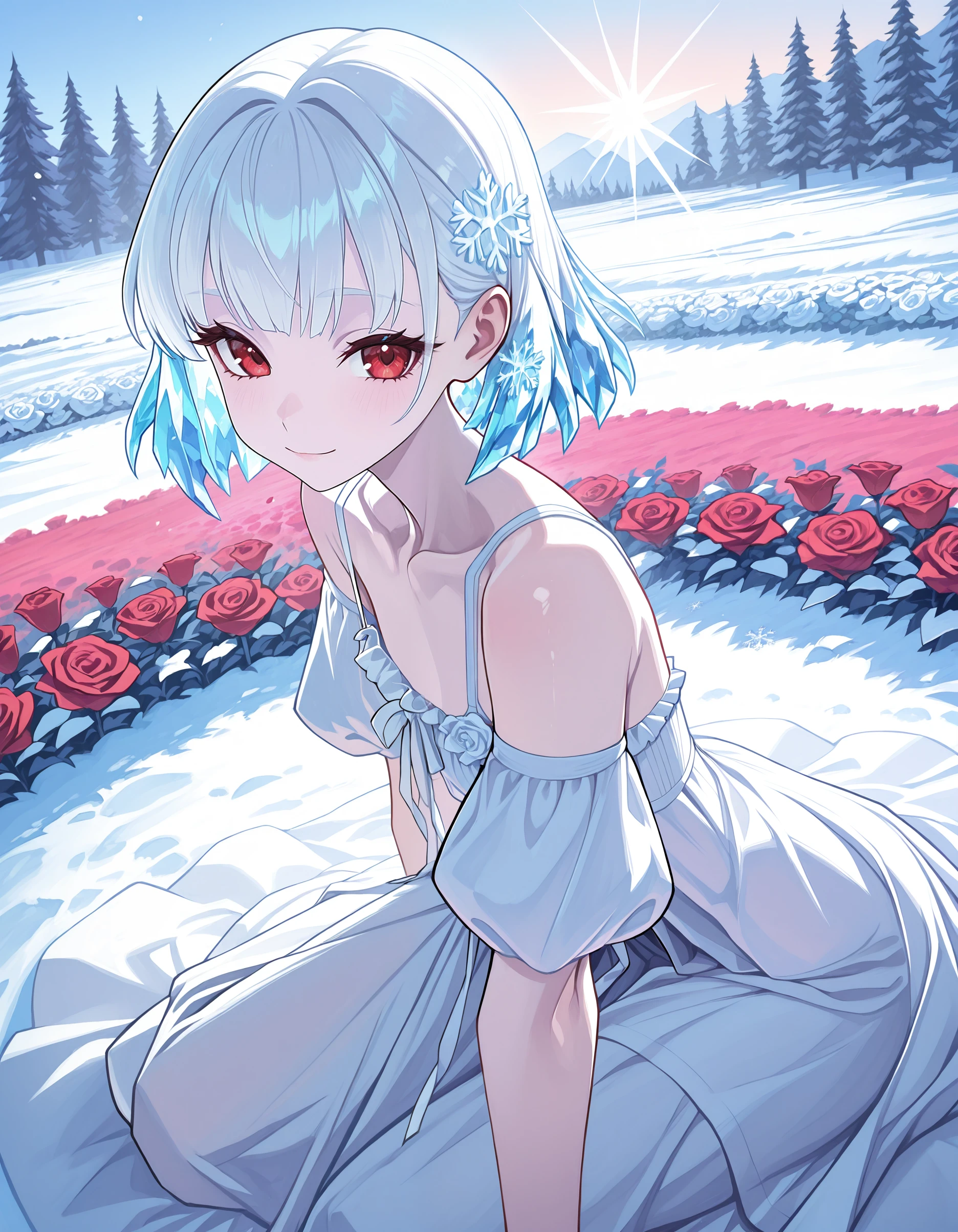 best_quality,masterpiece, <lora:Lhata4564_illu:1>,Lhata4564_illu ,<lora:redvelvetdressILL:1>,red velvet dress,puffy sleeves,cute painting style,1girl,solo,young girl,cute,
crystal hair,white_hair,pale_skin,white hair,(bare neck:1.4),red eyes,fair skin,(white babydoll lingerie),tulle,frills,ribbon,light smile,limited palette,colorful,vibrant,solf outline,outdoors,lying down,white roses,rose field,red rose,snow,snowflakes,  falling petals,lens flare,god rays,sitting,looking at viewer,8k,professional illustration,dynamic angle,from side,intricate details,