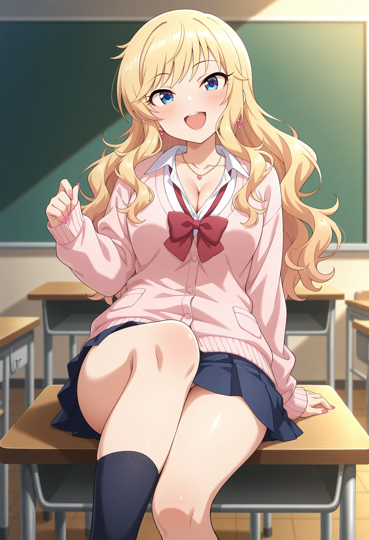 masterpiece, best quality, absurdres, highres, explicit, Newest, anime coloring,anime_screencap,
idolyui, blonde hair, jewelry, long hair,skirt, necklace,wavy hair, school uniform,blue skirtbow, pink cardigan,pleated skirt, bowtie,collarbone, pink nails,loose bowtie, cleavage, nail polish,cardigan,class room,fucked silly,sitting,kick,(masterpiece:1.1), (best quality:1.1), (newest:1.1), official art, anime screenshot, (absurdres:1.1), (highres:1.1),  <lora:idolyui:1>