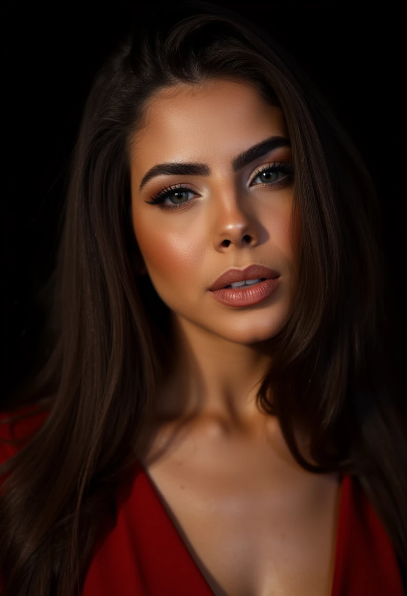 This is a highly detailed, close-up photograph of a young woman with striking features. She has long, wavy hair cascading over her shoulders, with the strands appearing soft and voluminous. Her complexion is smooth and radiant, with a subtle glow that suggests she has applied a light makeup. Her eyes are mesmerizing, framed by thick, dark eyelashes, and her full lips are slightly parted, revealing a hint of her teeth and a glossy, natural sheen. She is wearing a deep red garment, possibly a top or a dress, which contrasts beautifully with her hair and skin tone. The background is a solid black, making her features stand out prominently and creating a dramatic effect. The lighting is soft and diffused, emphasizing the natural beauty of her face without harsh shadows. The photograph is taken with a high-resolution camera, capturing fine details such as the texture of her hair and the subtle highlights and shadows on her skin. The overall style of the photograph is elegant and sophisticated, emphasizing natural beauty and elegance. 0L1V31R4