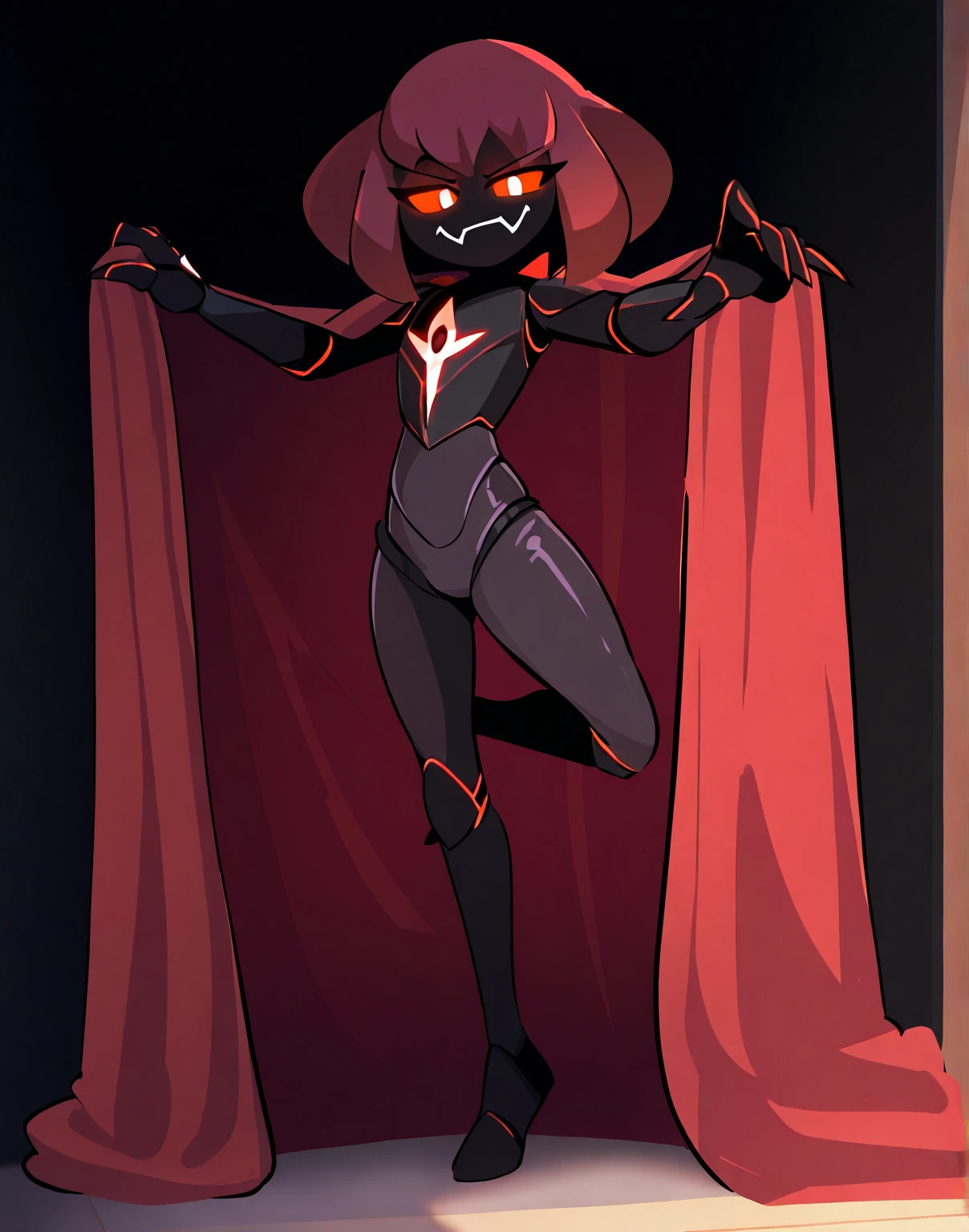 masterpiece, best quality, amazing quality, high resolution, absurdres, 1girl, solo,
A Bioweapon based on an insect, with multiple glowing red eyes and a dark exoskeleton. She wears a very small, tattered, dark red piece of fabric that barely covers her chest and lower abdomen. Long, slender, chitinous legs with sharp points. Her pose is seductive, with one leg raised and a clawed hand reaching out,
gwainsaga, (full body)