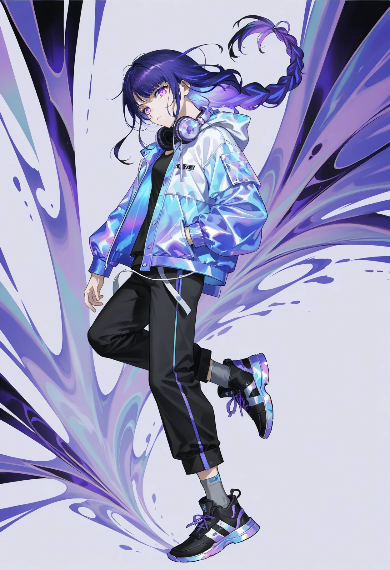 1girl, raiden shogun, genshin impact, 
alternate costume, full body, abstract, fusion of Fluid abstract art and glitch, glitch hair, iridescent hair, eye trail, glowing eyes, glowing streaks, light trail, long sleeves, shoes, headphone, pants, hand in pocket, solo, blue jacket, multicolored jacket, jacket, socks, standing on one leg, hood down, purple eyes, black pants, purple theme, hood, open clothes, black footwear, from side, grey socks, standing, simple background, closed mouth, hooded jacket, open jacket, white background, expressionless, long bangs, headphones around neck, sidelocks, purple hair, single braid, braid, looking at viewer, glowing hair, sneakers, multicolored clothes, floating hair, head tilt, two-tone jacket