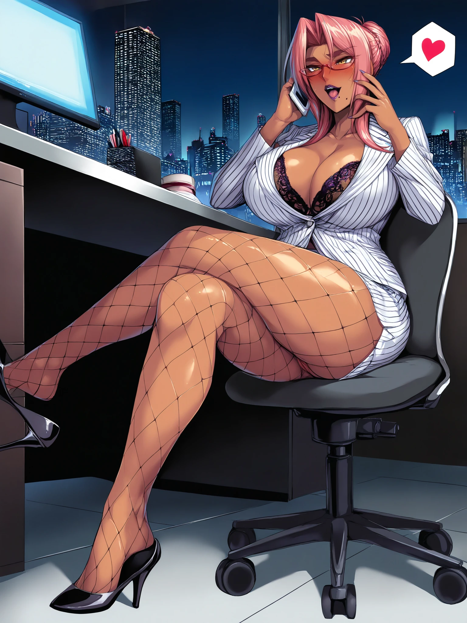 masterpiece, good quality, best quality, very awa, very as2, uncensored,
1girl, Ingrid, taimanin \(series\), ky.
mature female, dark-skinned female, solo, standing, sitting, on chair, crossed legs, shoe dangle, from side, from below, full body,
looking at another, talking on phone, open mouth, spoken heart, blush, happy,
glasses, pink hair, short hair, single hair bun, hair intakes, makeup, purple lips, lipstick, thick eyebrows, mole under mouth, yellow eyes,
curvy, large breasts, collarbone,
white, striped jacket, striped skirt, fishnet pantyhose, fishnets, lace bra, high heels
indoors, office, window, loaded interior, night, cityscape, computer, skyscraper,
<lora:Ingrid3216NoobAI-VpredMinSNR:1>âââ