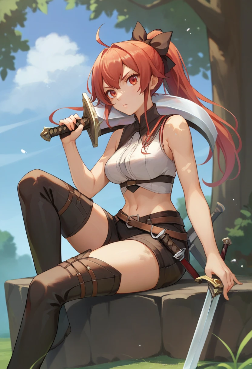 score_9, score_8_up, score_7_up, solo, <lora:add-detail-xl:3>, 
BREAK , <lora:parisa-eris:0.6>, eris, red eyes, red hair, long hair, , ahoge, ponytail, hairbow, sleeveless, cropped shirt, black shorts, belt, thigh boots, sword, holding sword, sitting,,