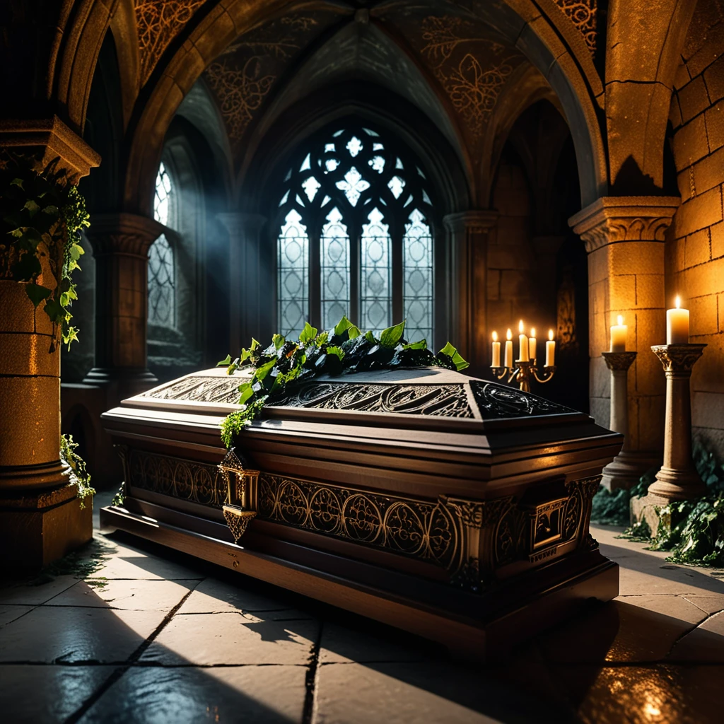 horror-themed A dramatic and atmospheric photograph of the interior of an ancient crypt, dimly lit by flickering candlelight. The crypt features old, cracked stone walls covered in moss and ivy, with intricate carvings and Gothic details etched into the stone. At the center of the crypt lies an ornate vampire coffin, made of dark, polished wood with silver and gold inlays, adorned with ancient symbols and intricate Gothic patterns. The coffin is slightly ajar, revealing a glimpse of red velvet lining. Surrounding the coffin are scattered bones, dusty cobwebs, and antique candelabras with melting candles, casting eerie shadows across the crypt. The mood is dark, mysterious, and hauntingly beautiful, with subtle rays of pale moonlight filtering through a small, broken stained-glass window.
<lora:SDXLFaeTastic2400:0.4> <lora:extremely_detailed:0.4> extremely detailed,, eerie, unsettling, dark, spooky, suspenseful, grim, highly detailed, Masterpiece,best quality,hi res,8k,hi res,8k,award winning,(sharp focus, intricate, highly detailed),